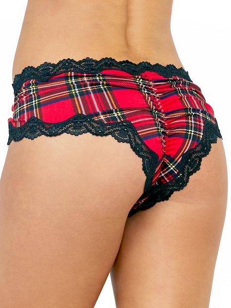 Escante Ruched Tartan Crotchless Knickers, Red, hi-res