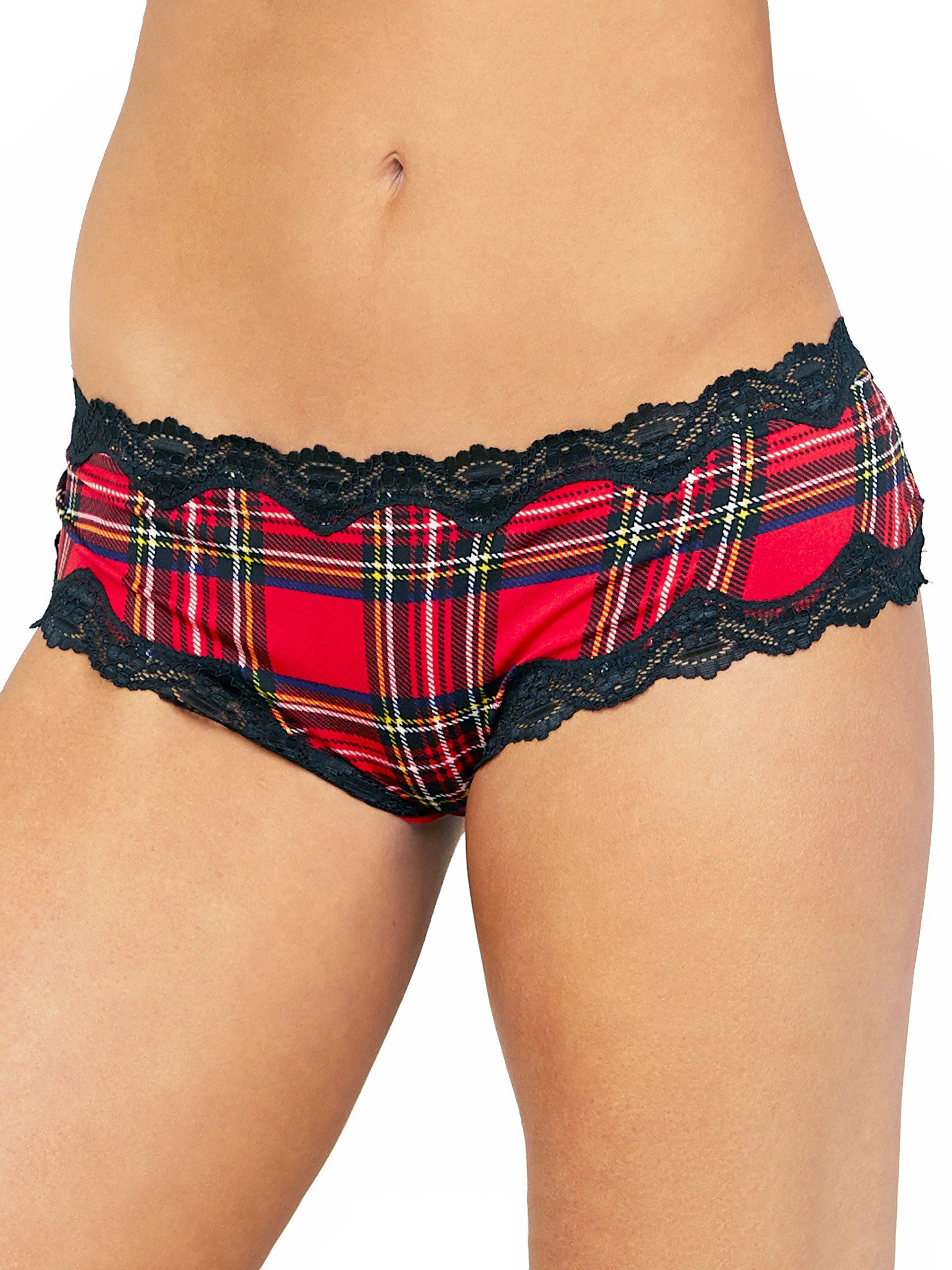 Escante Ruched Plaid Crotchless Panties, Red, hi-res