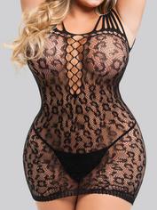 Lovehoney Plus Size Black Leopard Lace Cut-Out Mini Dress, Black, hi-res