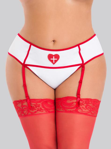 Lovehoney Fantasy Plus Size White Sexy Nurse Suspender Thong, White, hi-res