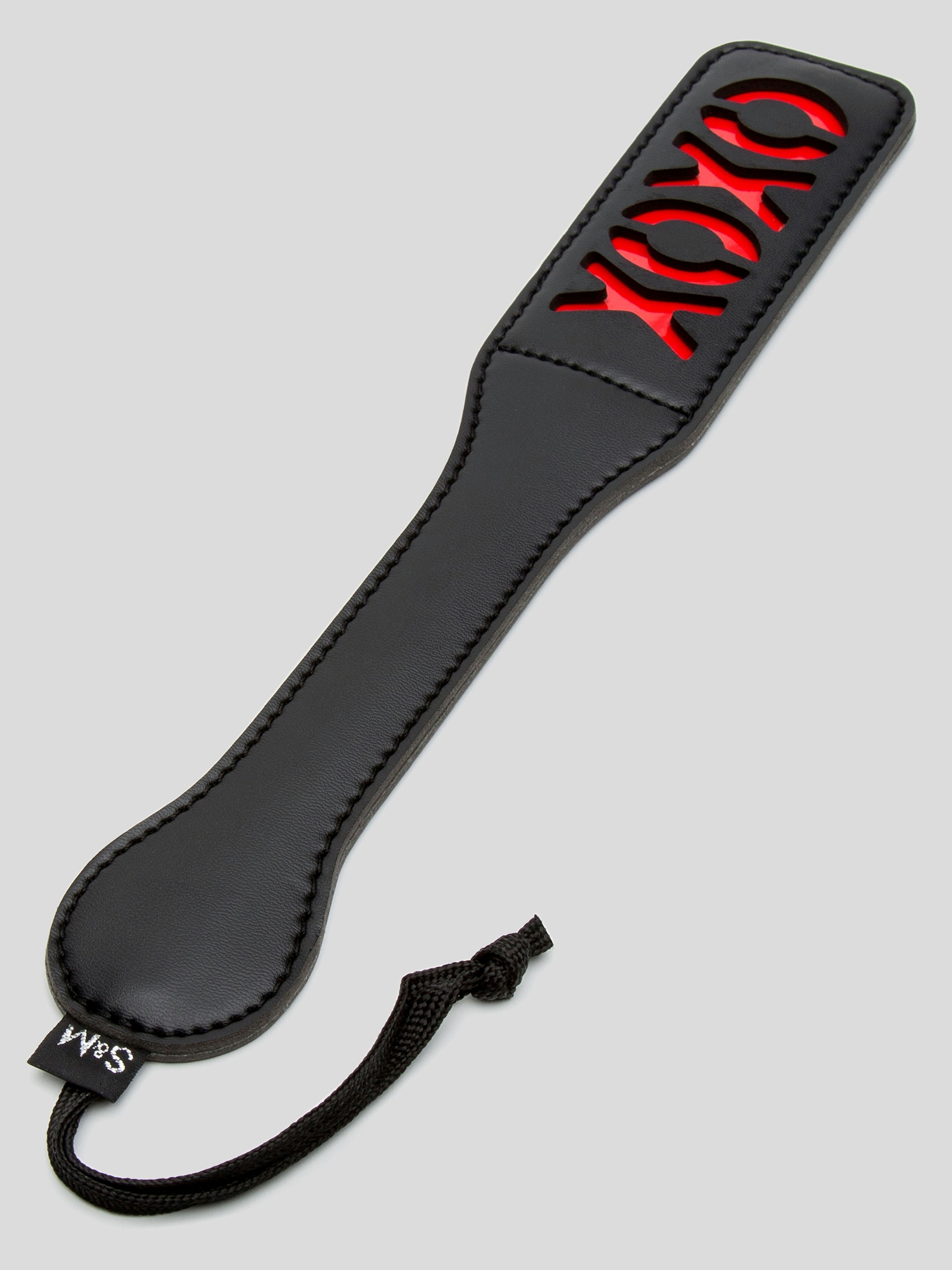Sex & Mischief Faux Leather XOXO Spanking Paddle, Black, hi-res