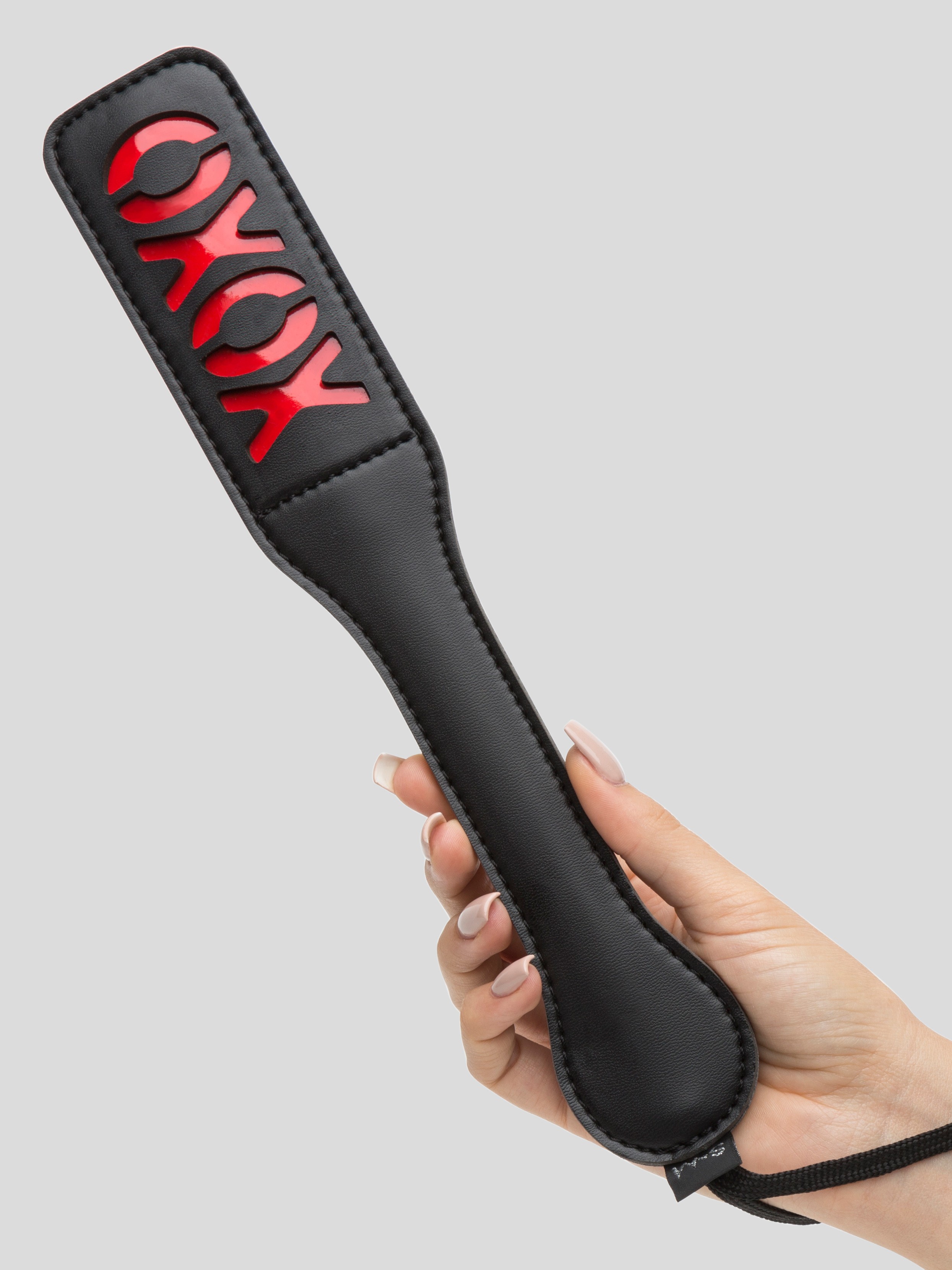 Sex & Mischief Faux Leather XOXO Spanking Paddle, Black, hi-res