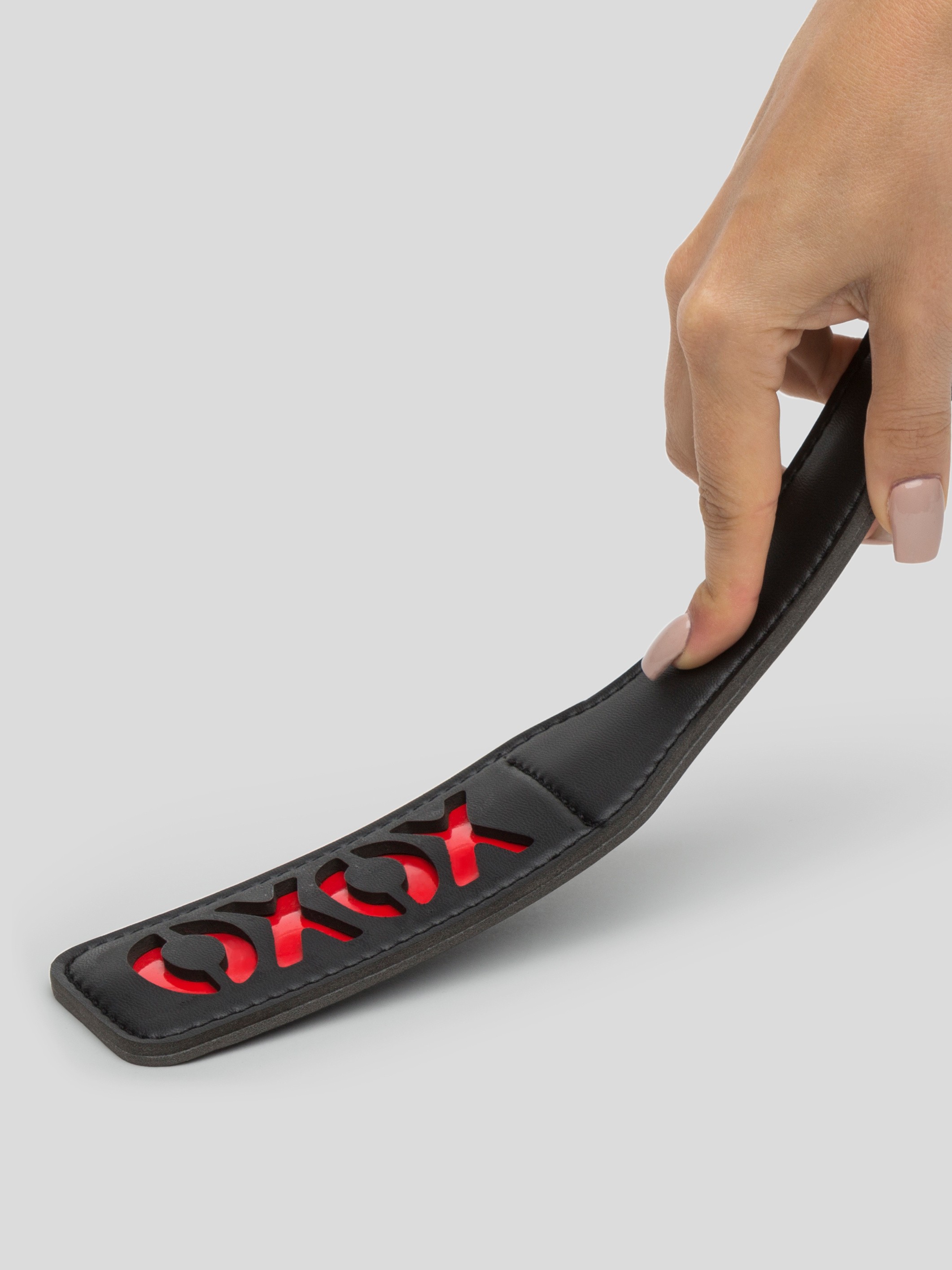Sex & Mischief Faux Leather XOXO Spanking Paddle, Black, hi-res