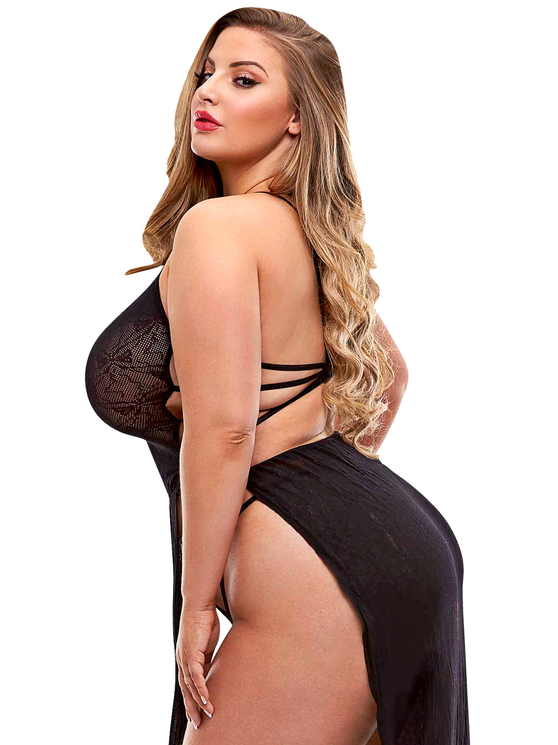 Lapdance Plus Size Black Long Lace Gown, Black, hi-res