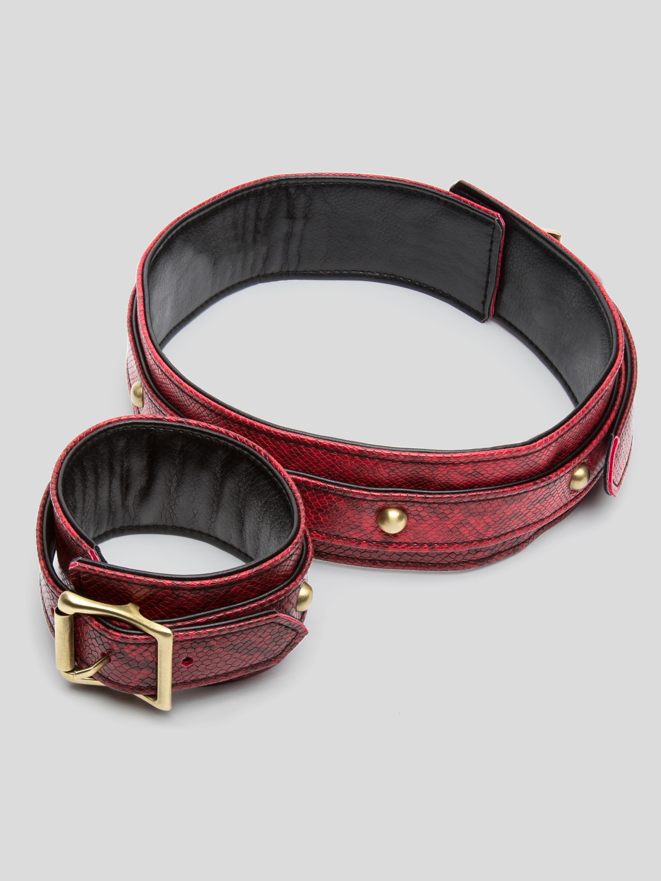 Bondage Boutique Faux Snakeskin Wrist-to-Thigh Cuffs, Red, hi-res