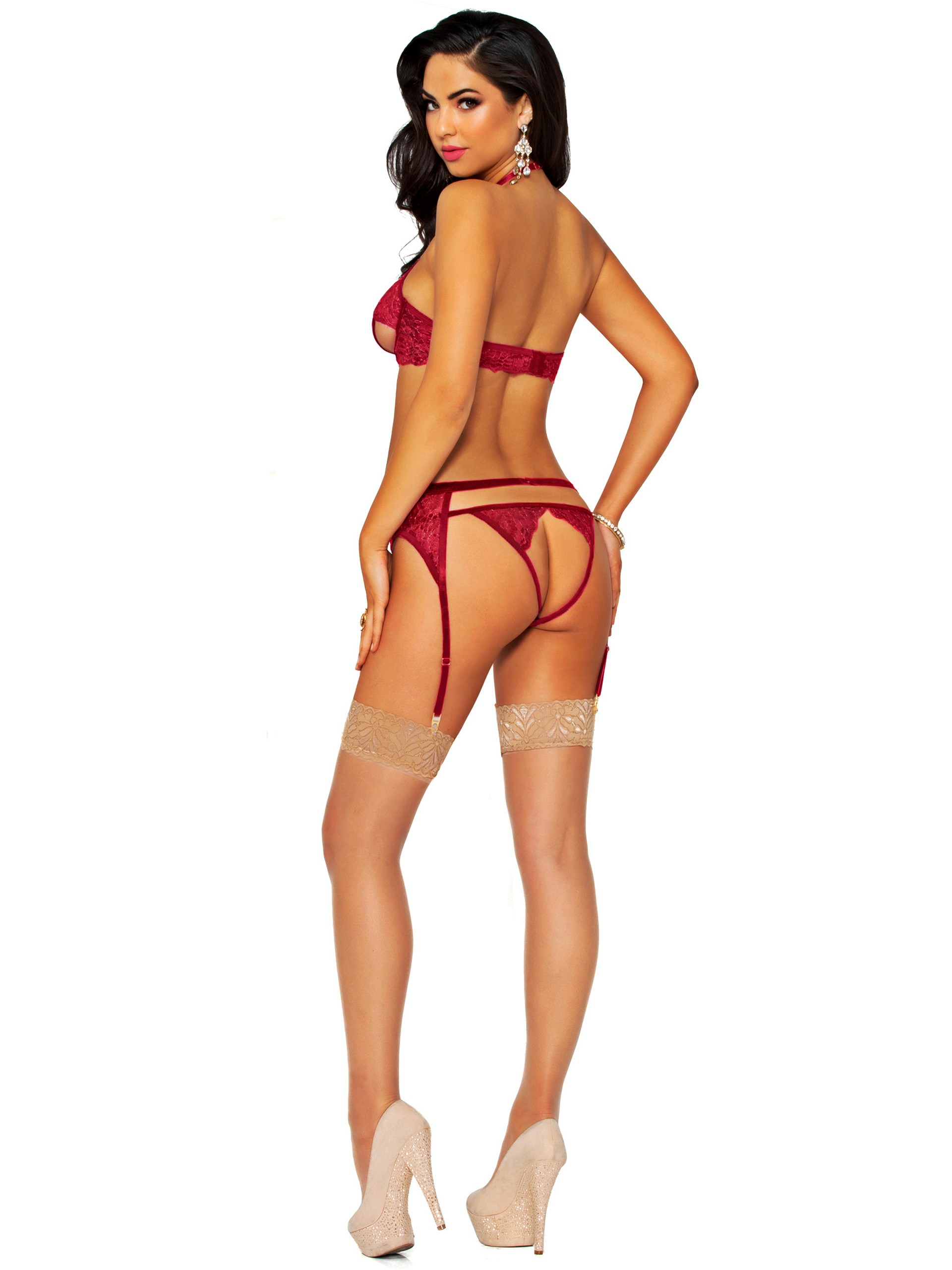 Seven 'til Midnight Red Lace Underboob Cut-Out Bra Set , Red, hi-res