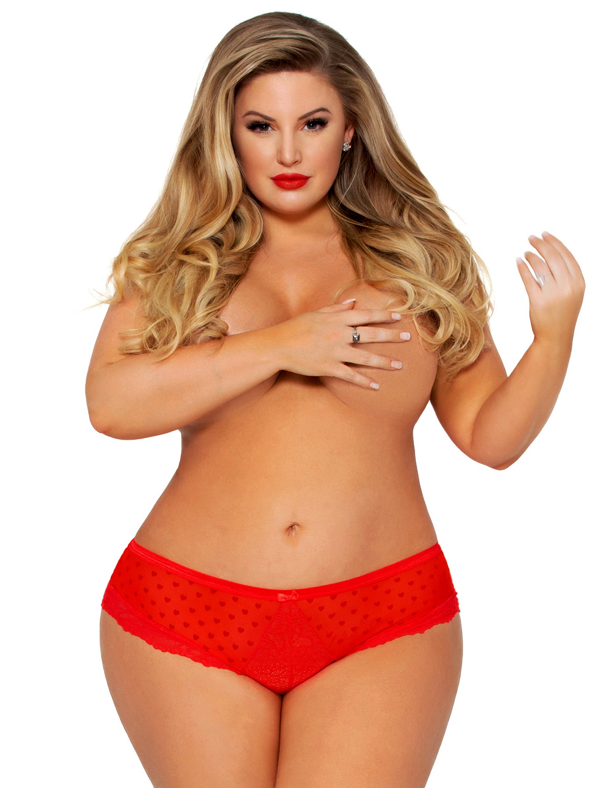 Seven 'til Midnight Plus Size Red Heart Mesh Strappy Back Shorts, Red, hi-res