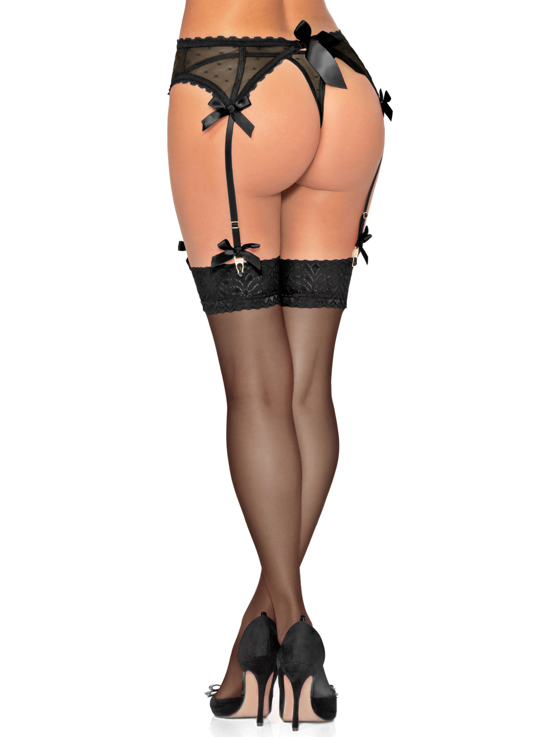 Seven 'til Midnight Black Satin and Mesh Garter Belt Set, Black, hi-res