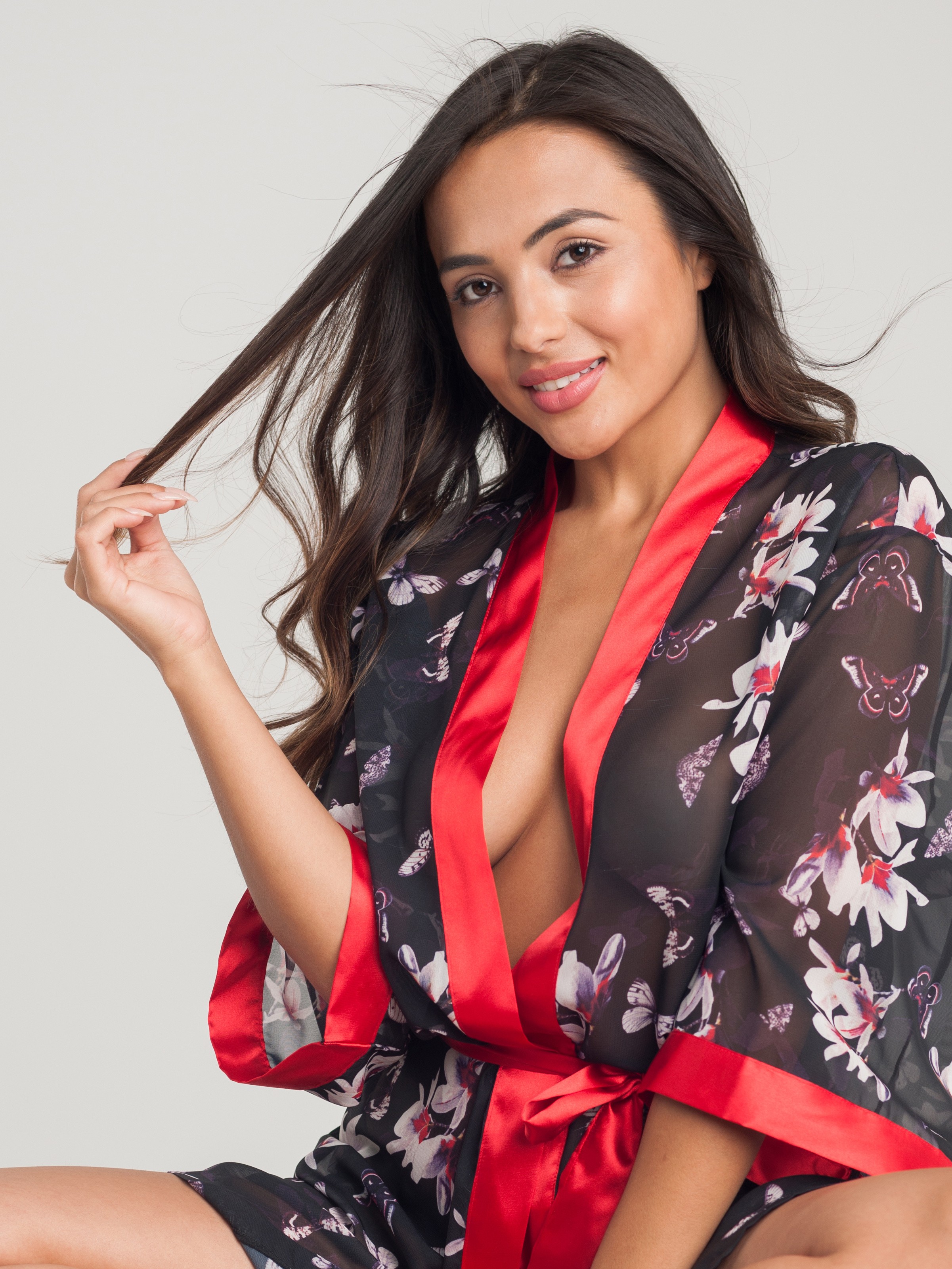 Lovehoney Black Floral Sheer Robe, Black, hi-res