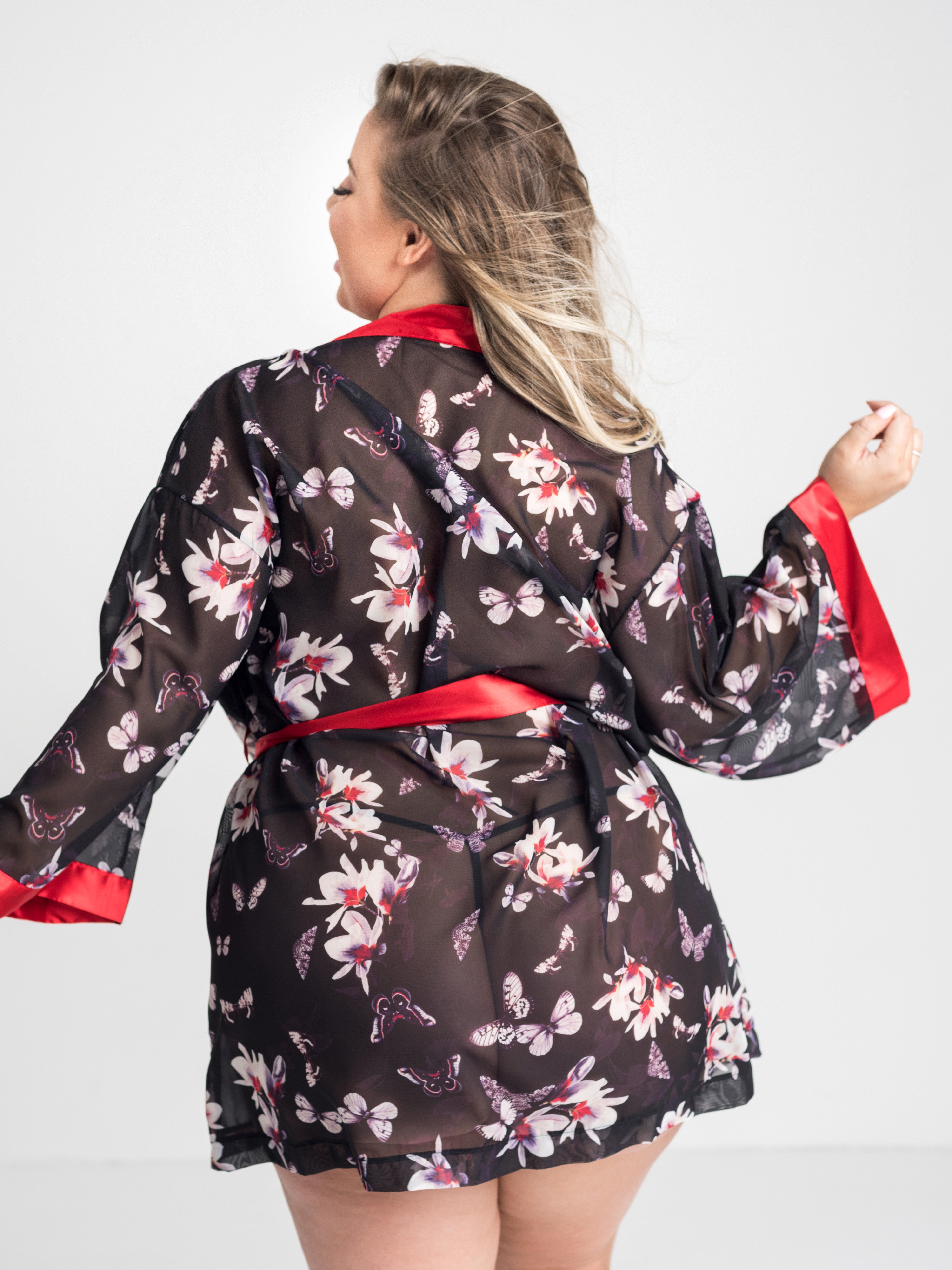 Lovehoney Plus Size Black Floral Sheer Robe, Black, hi-res