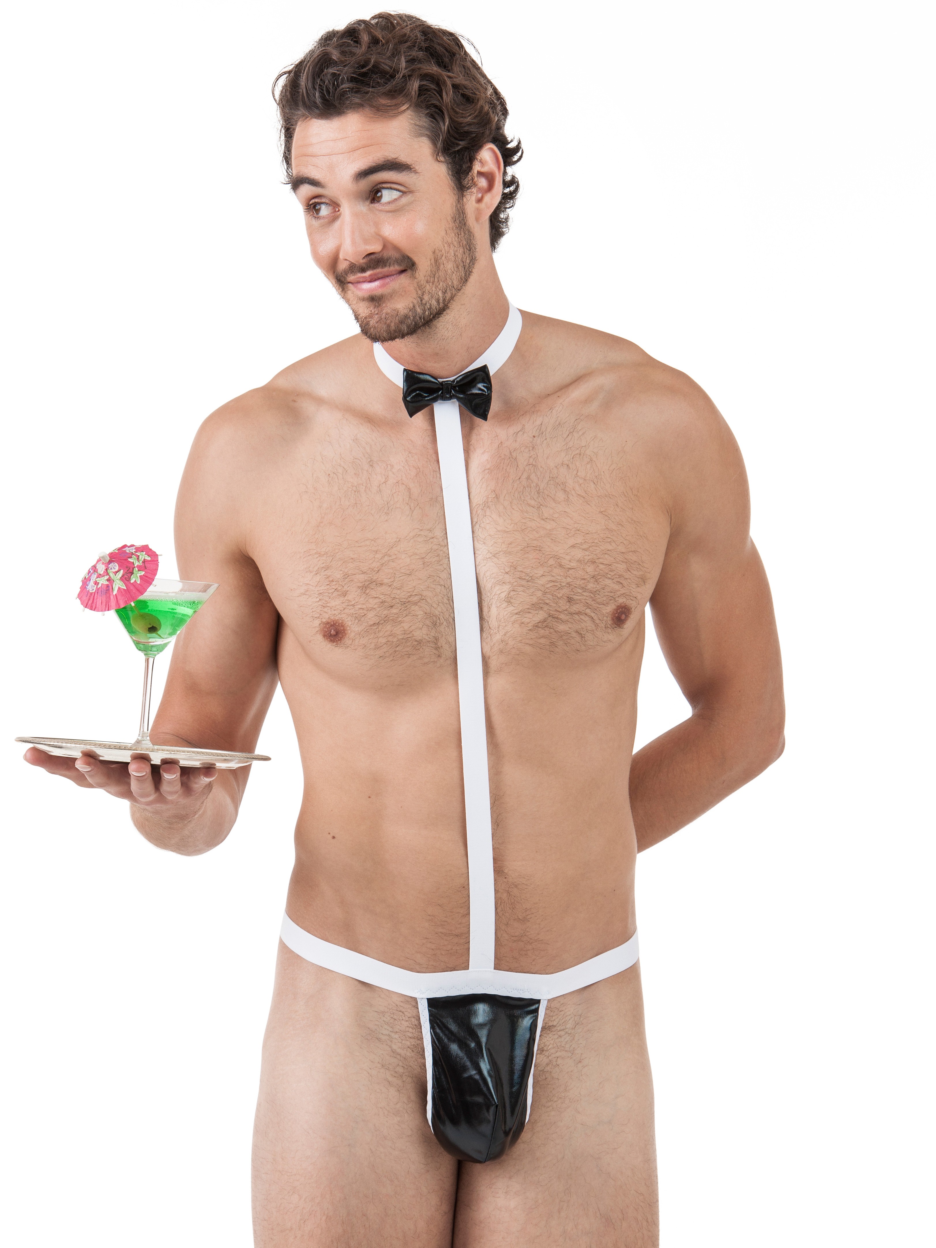 Passion Black and White Wet Look Butler All-in-One, Black, hi-res