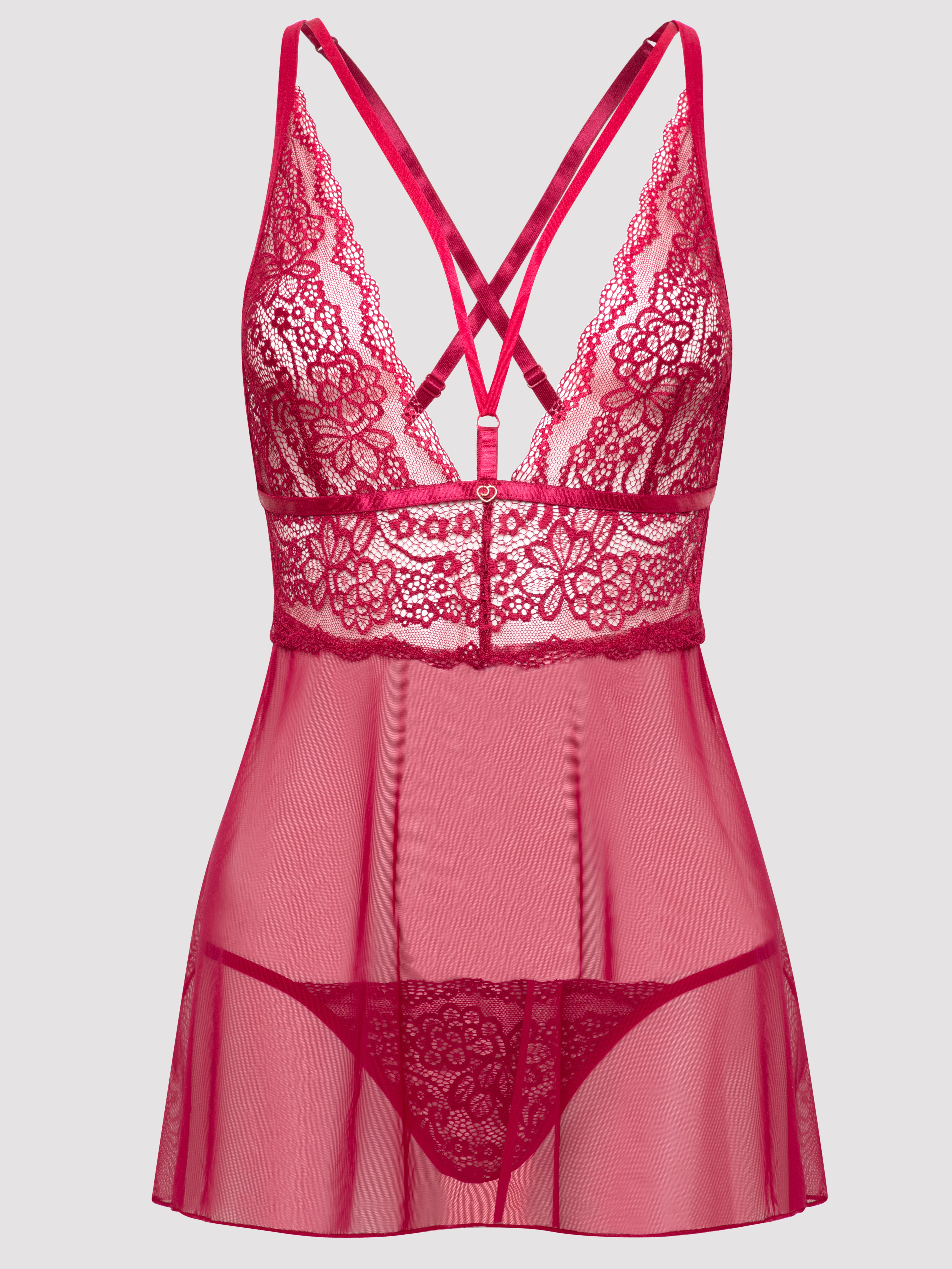 Lovehoney Plus Size Late Night Liaison Wine Lace Babydoll Set, Red, hi-res