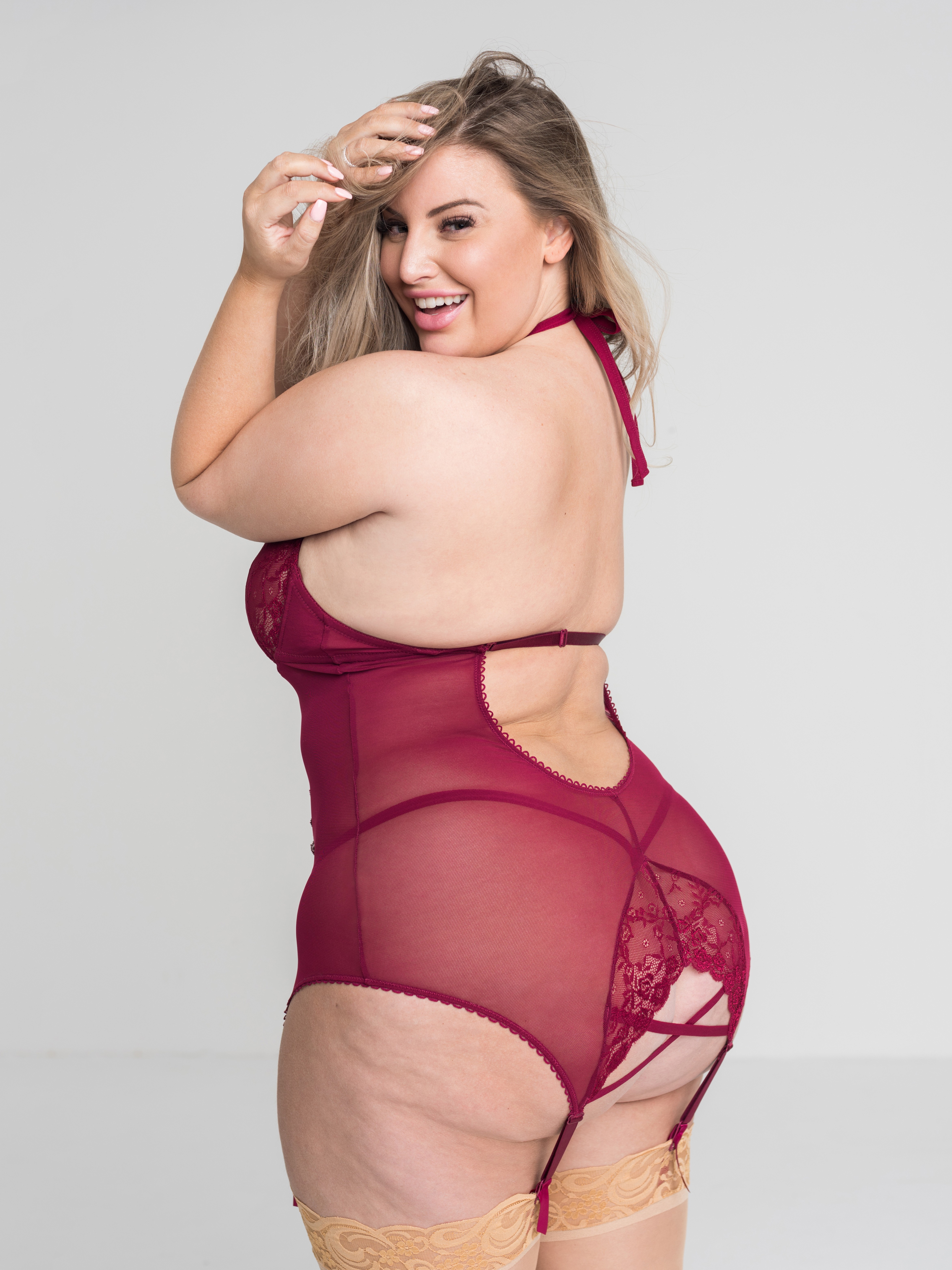 Lovehoney Plus Size Twilight Temptation Halterneck Basque Set, Red, hi-res