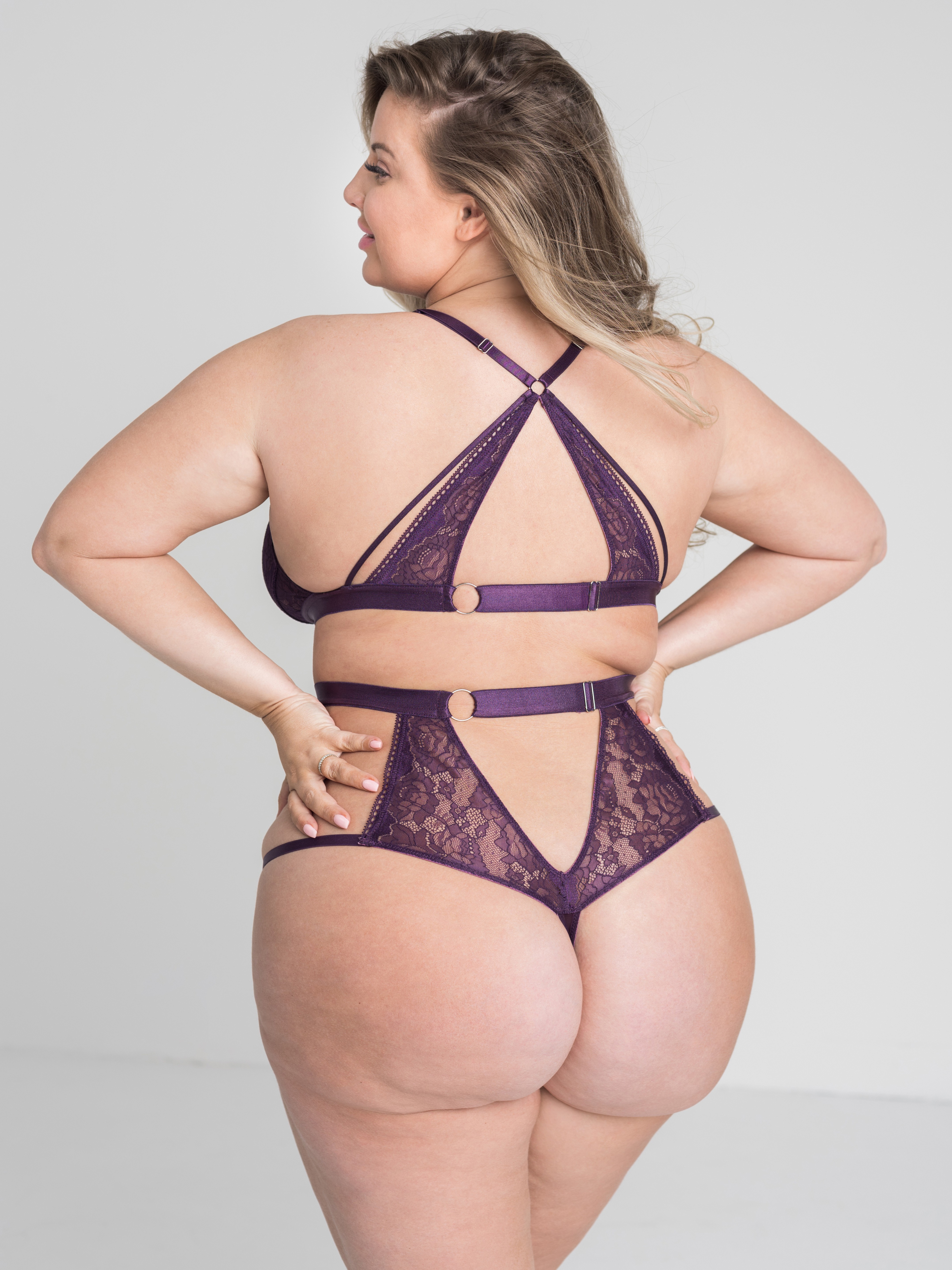 Lovehoney Moonflower Purple Lace Strappy Bra Set, Purple, hi-res