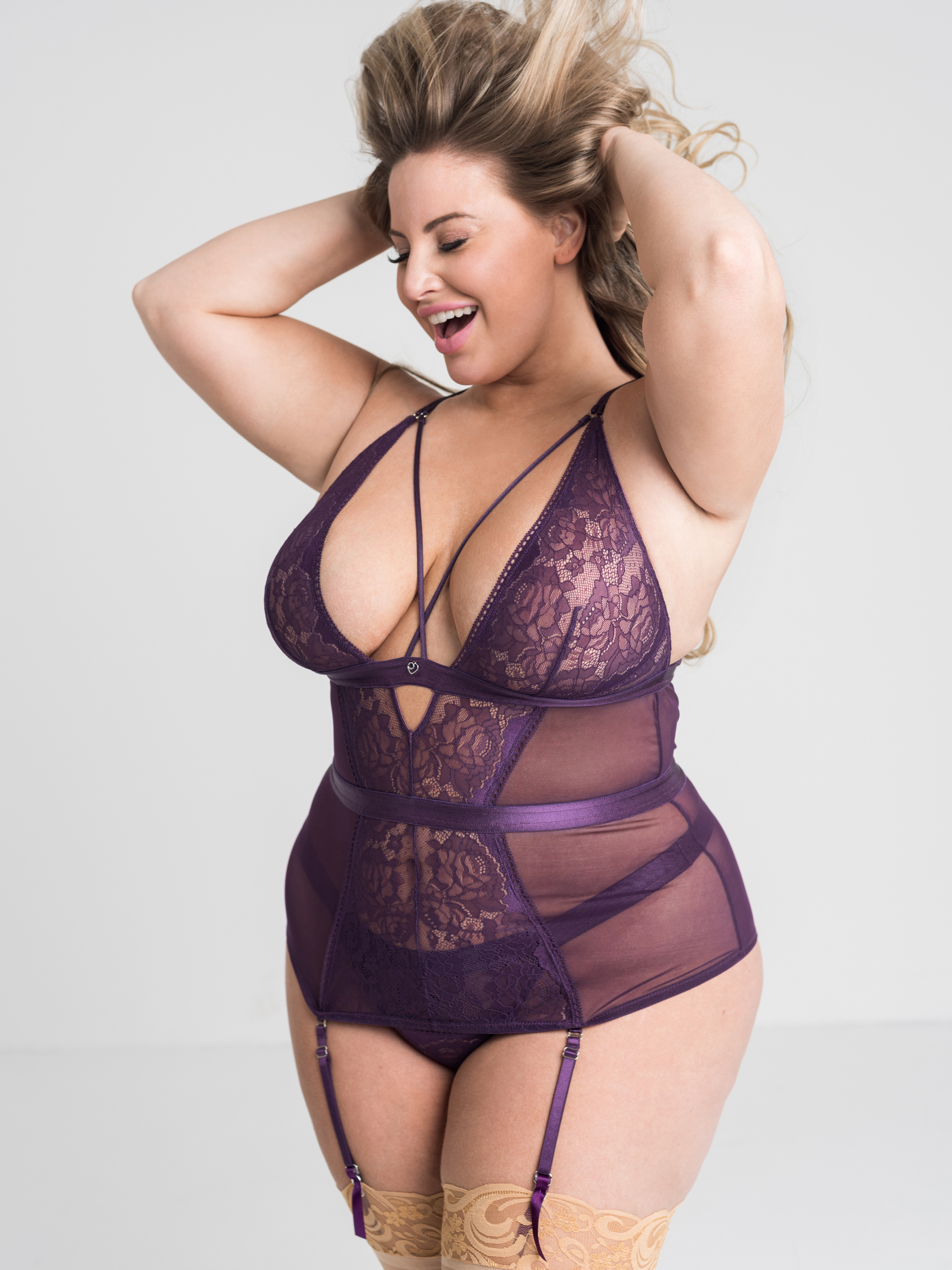 Lovehoney Moonflower Purple Lace Strappy Basque Set, Purple, hi-res