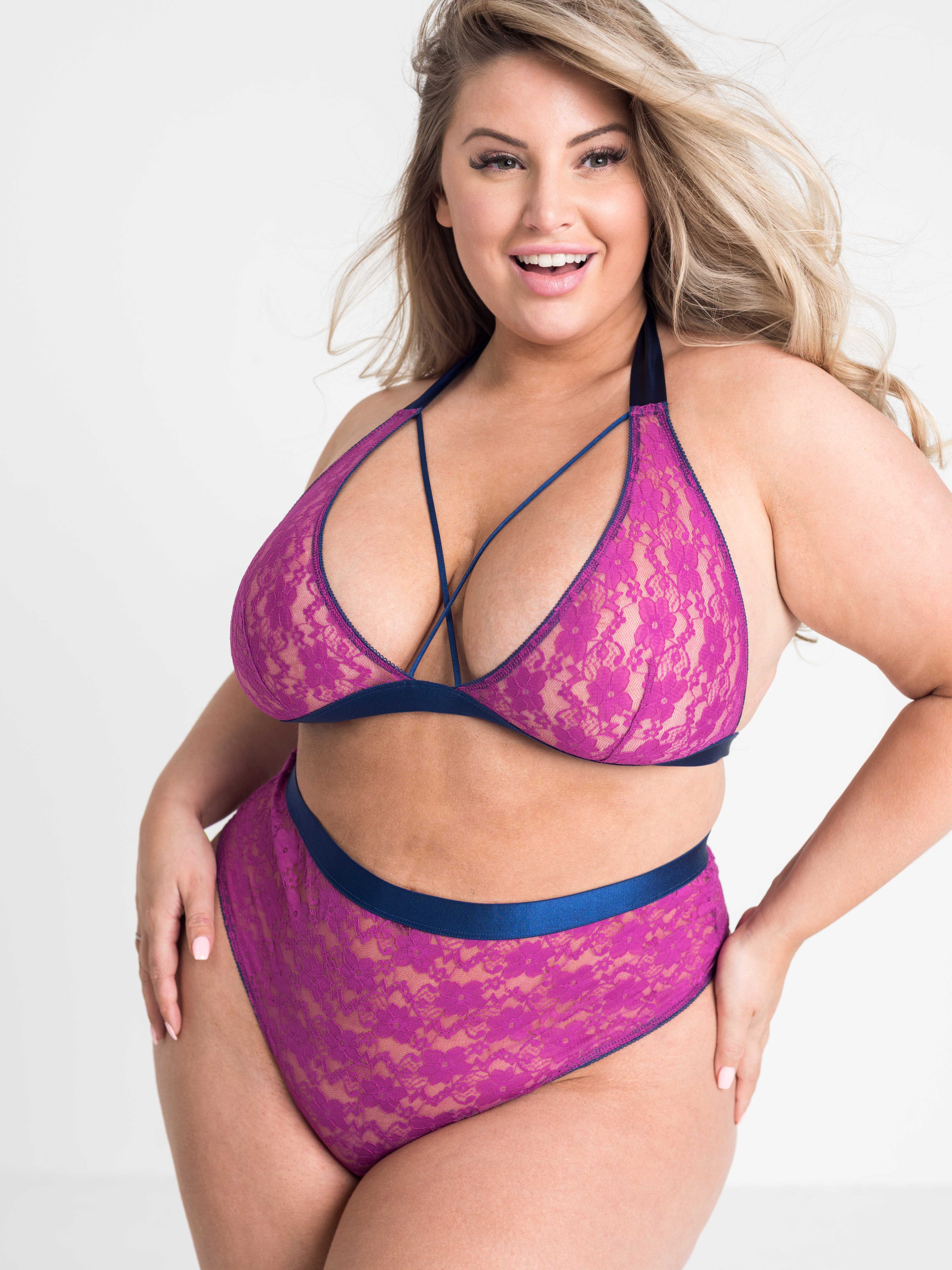 Lovehoney Plus Size Free Spirit Pink Lace Strappy Bra Set, Pink, hi-res