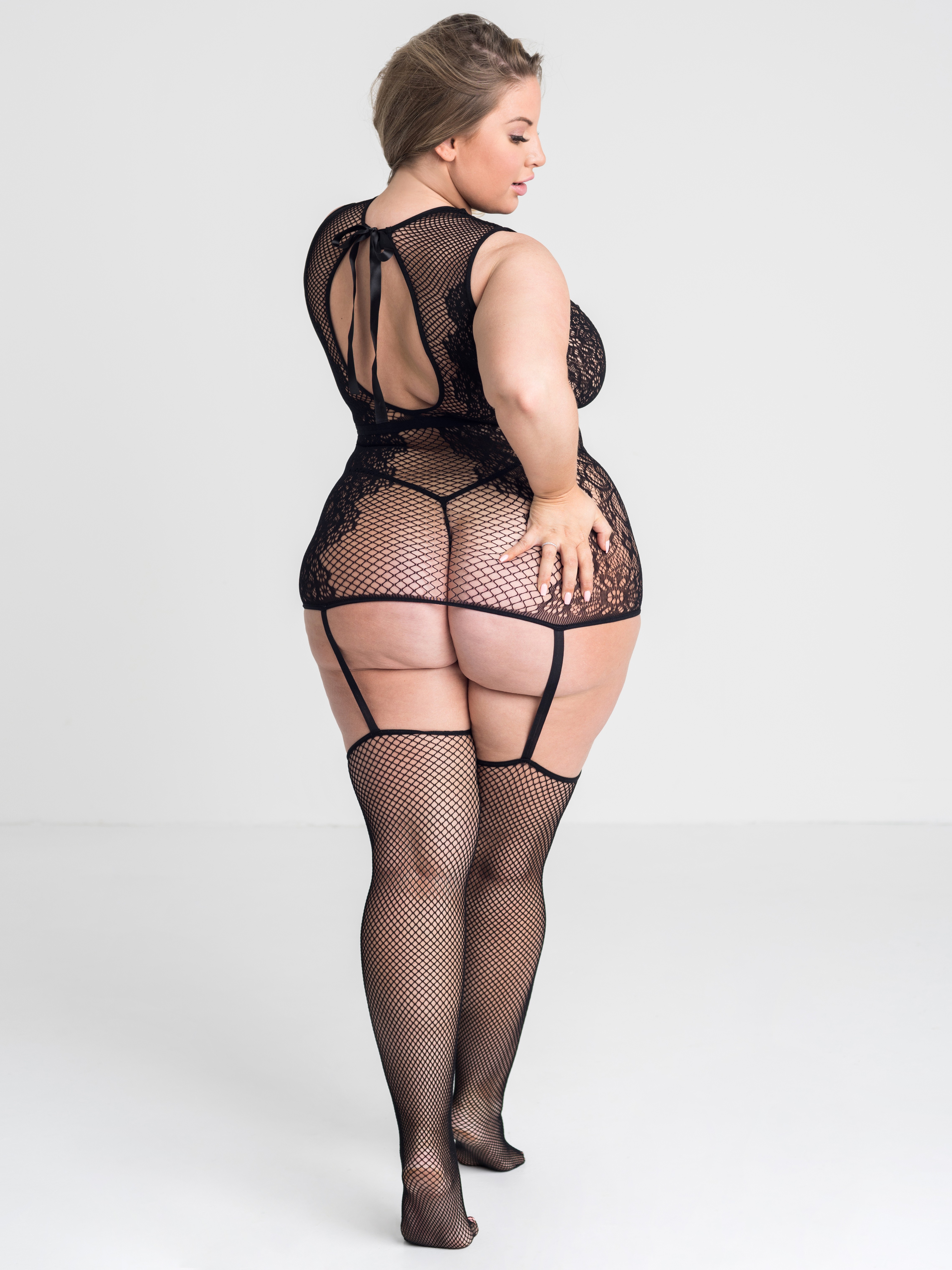 Lovehoney Plus Size Cut It Out Fishnet Suspender Bodystocking, Black, hi-res