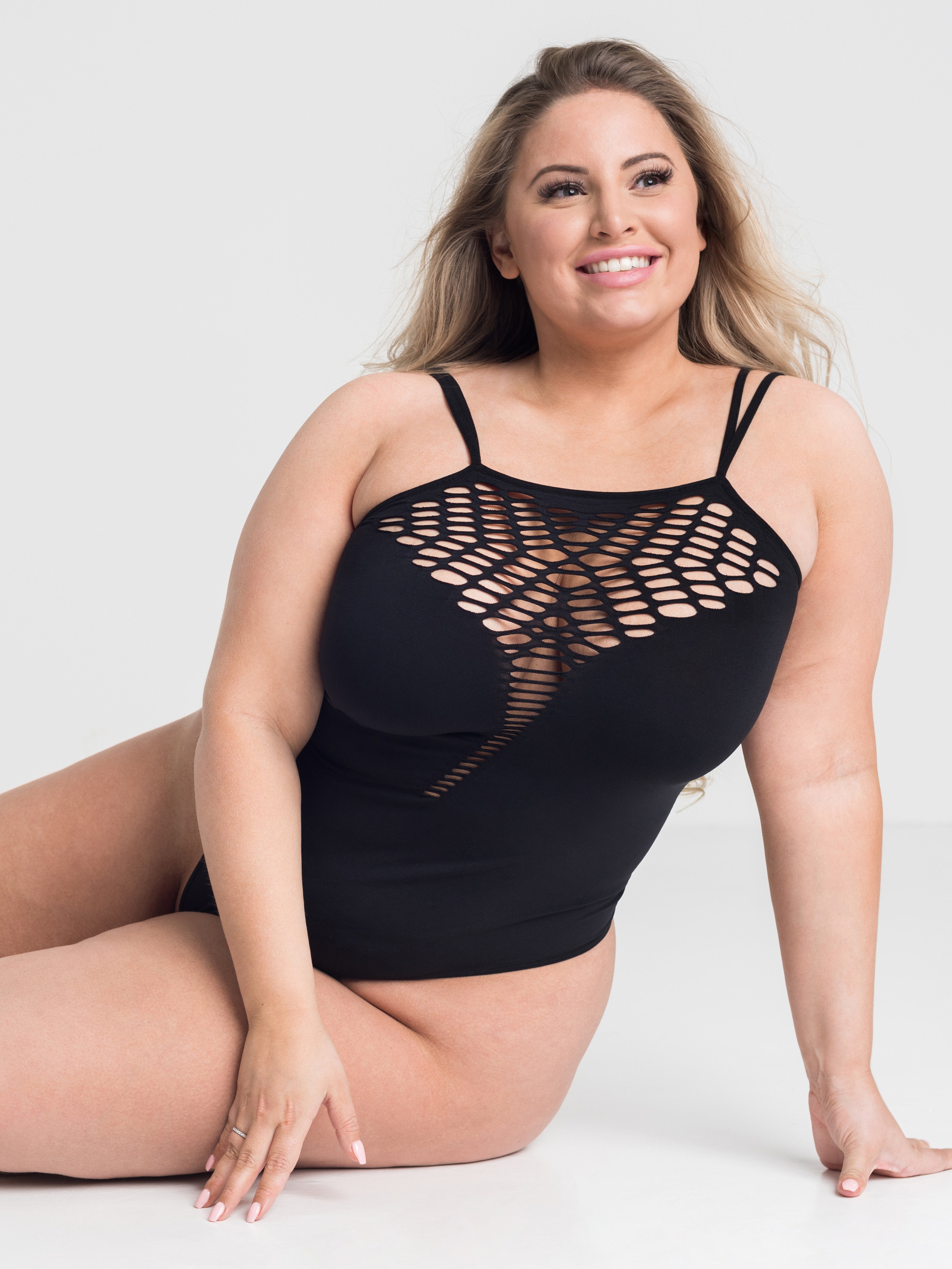 Lovehoney Plus Size Black Strappy Cut-Out Thong Teddy, Black, hi-res
