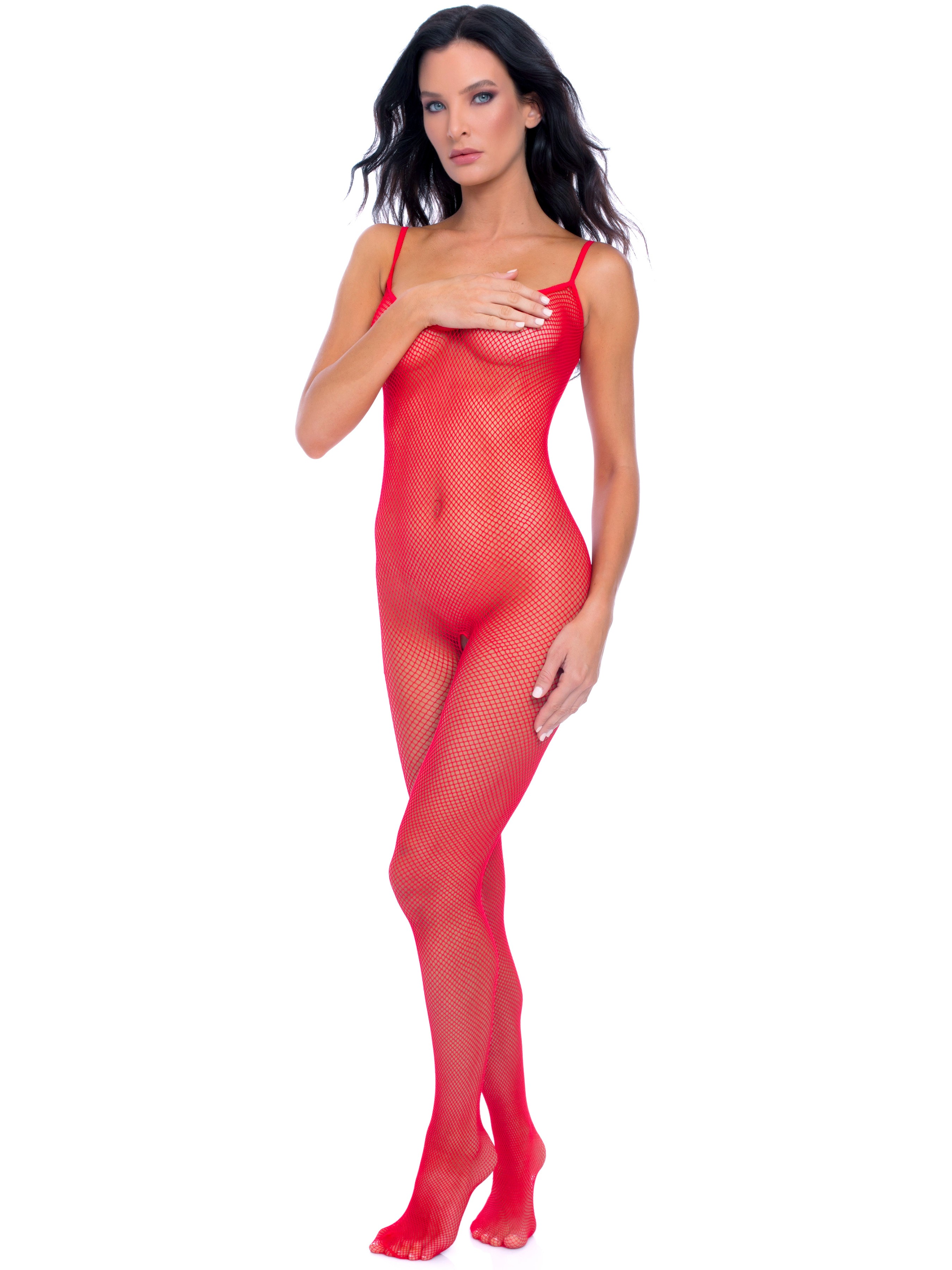 Rene Rofe Black Criss-Cross Strap Crotchless Fishnet Bodystocking , Red, hi-res