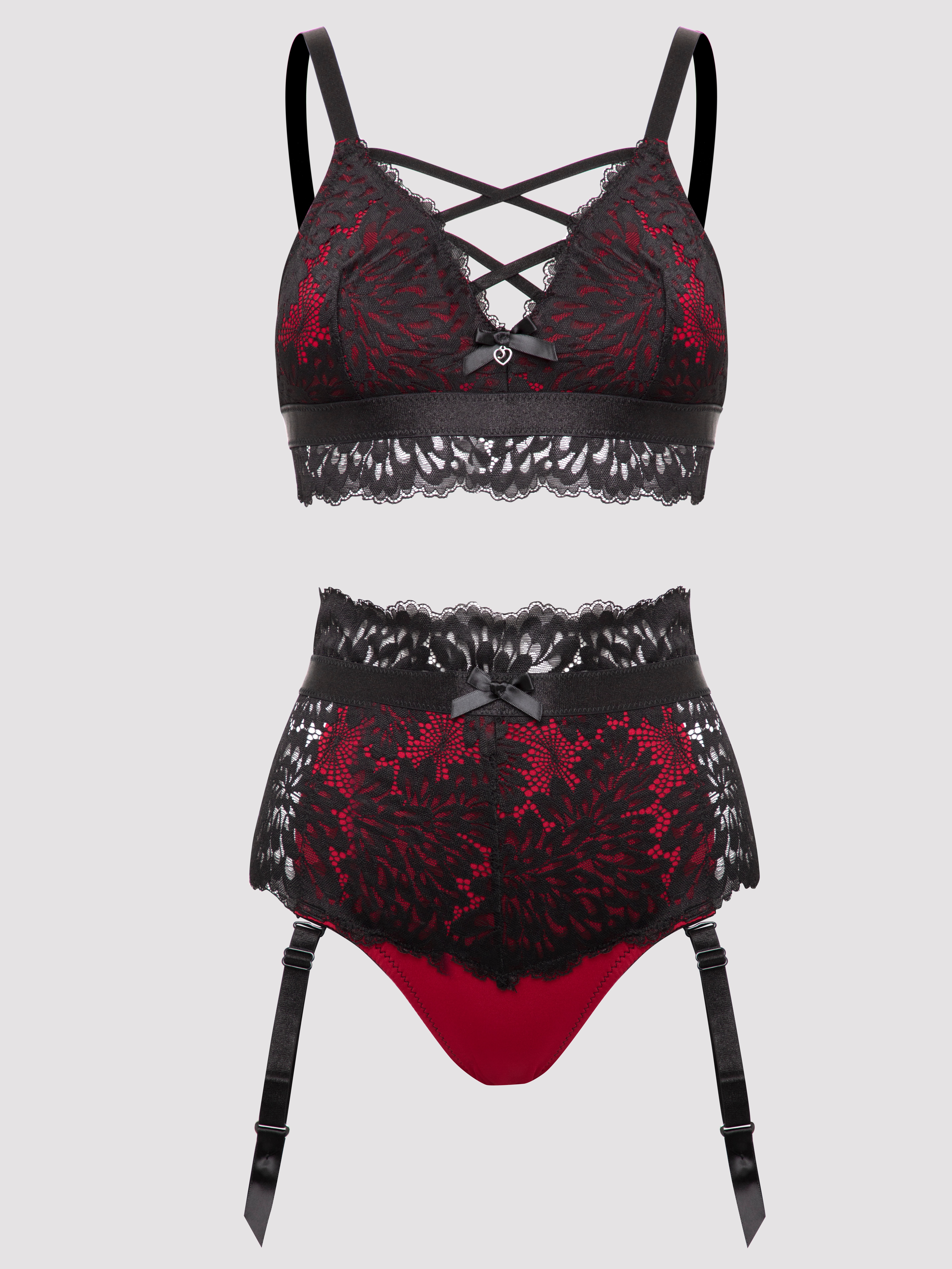 Lovehoney Night Lily Wine and Black Lace Bra Set, Black, hi-res