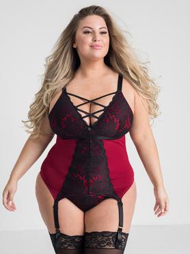 Lovehoney Plus Size Night Lily Wine and Black Lace Basque Set