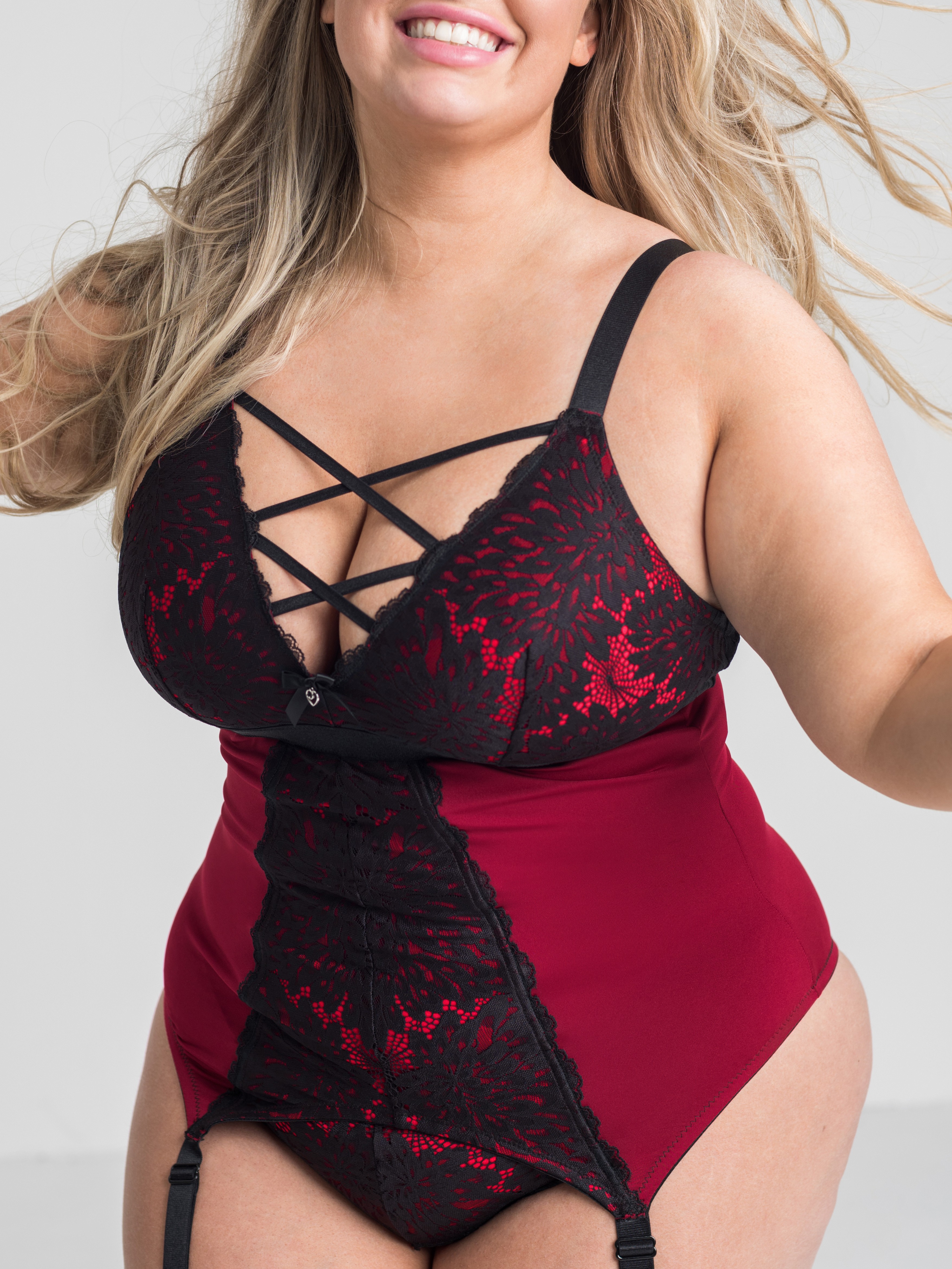 Lovehoney Night Lily Wine and Black Lace Basque Set, Black, hi-res