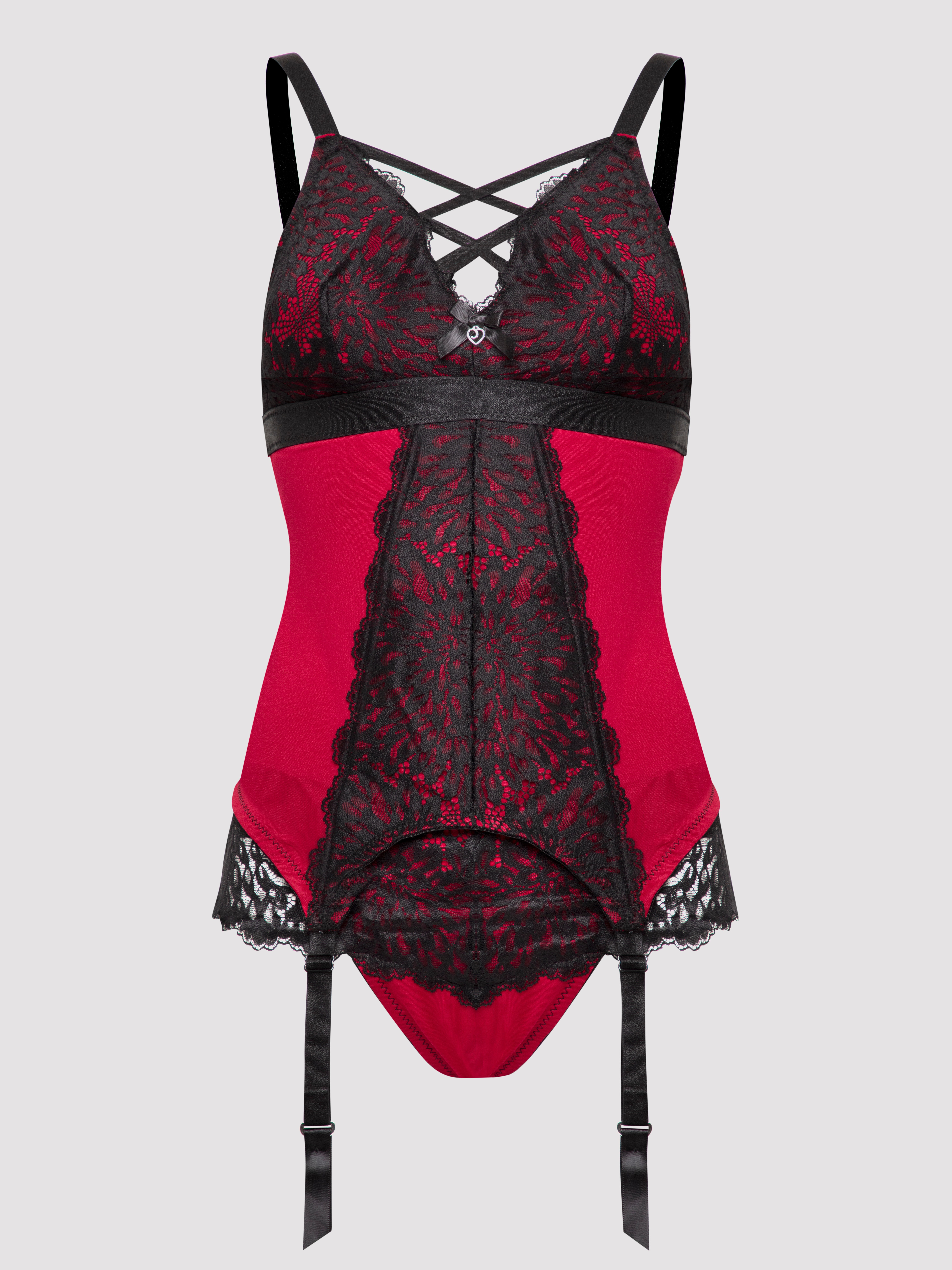 Lovehoney Night Lily Wine and Black Lace Basque Set, Black, hi-res
