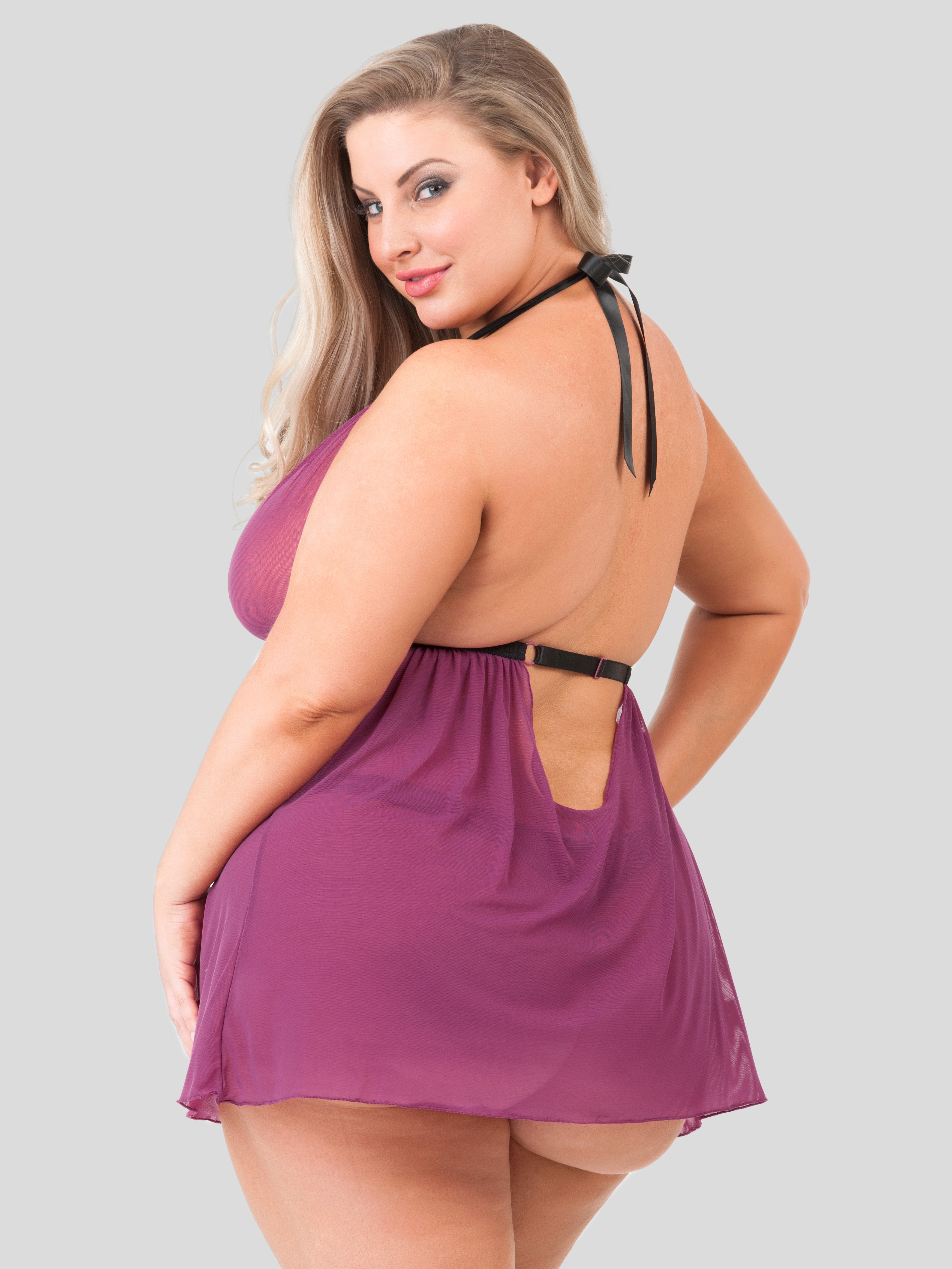 Lovehoney Barely There Purple Sheer Babydoll Set, Wine, hi-res