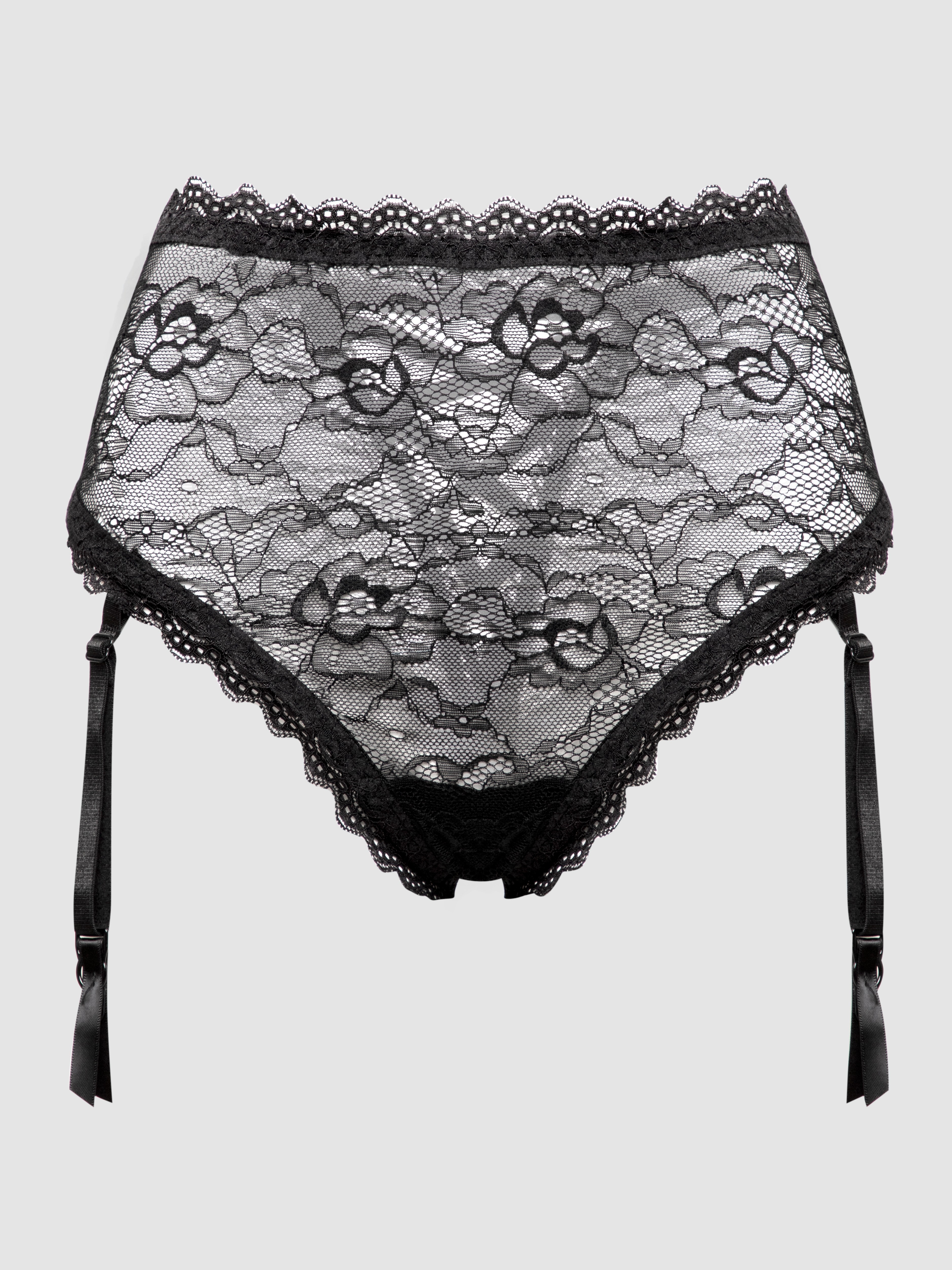 Lovehoney Black High-Waisted Criss-Cross Lace Suspender Thong, Black, hi-res