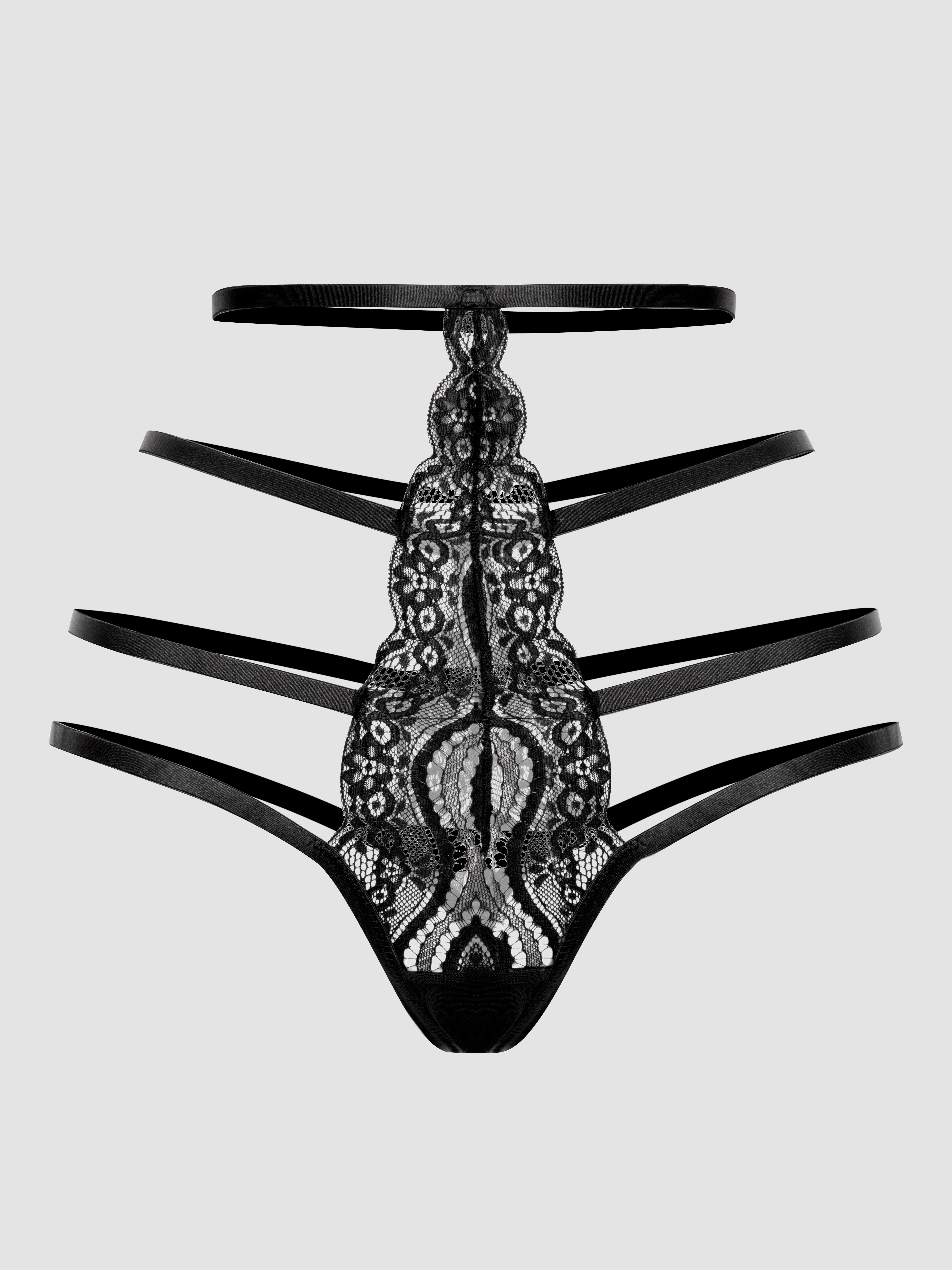 Lovehoney Black High-Waisted Strappy Lace Thong, Black, hi-res