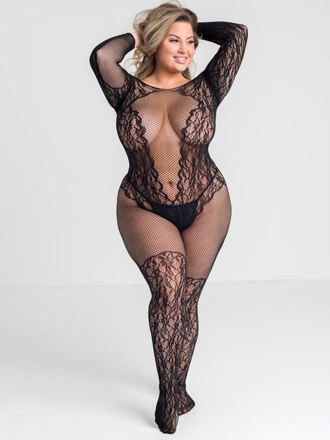 Lovehoney Plus Size All About That Lace Fishnet Bodystocking, Black, hi-res