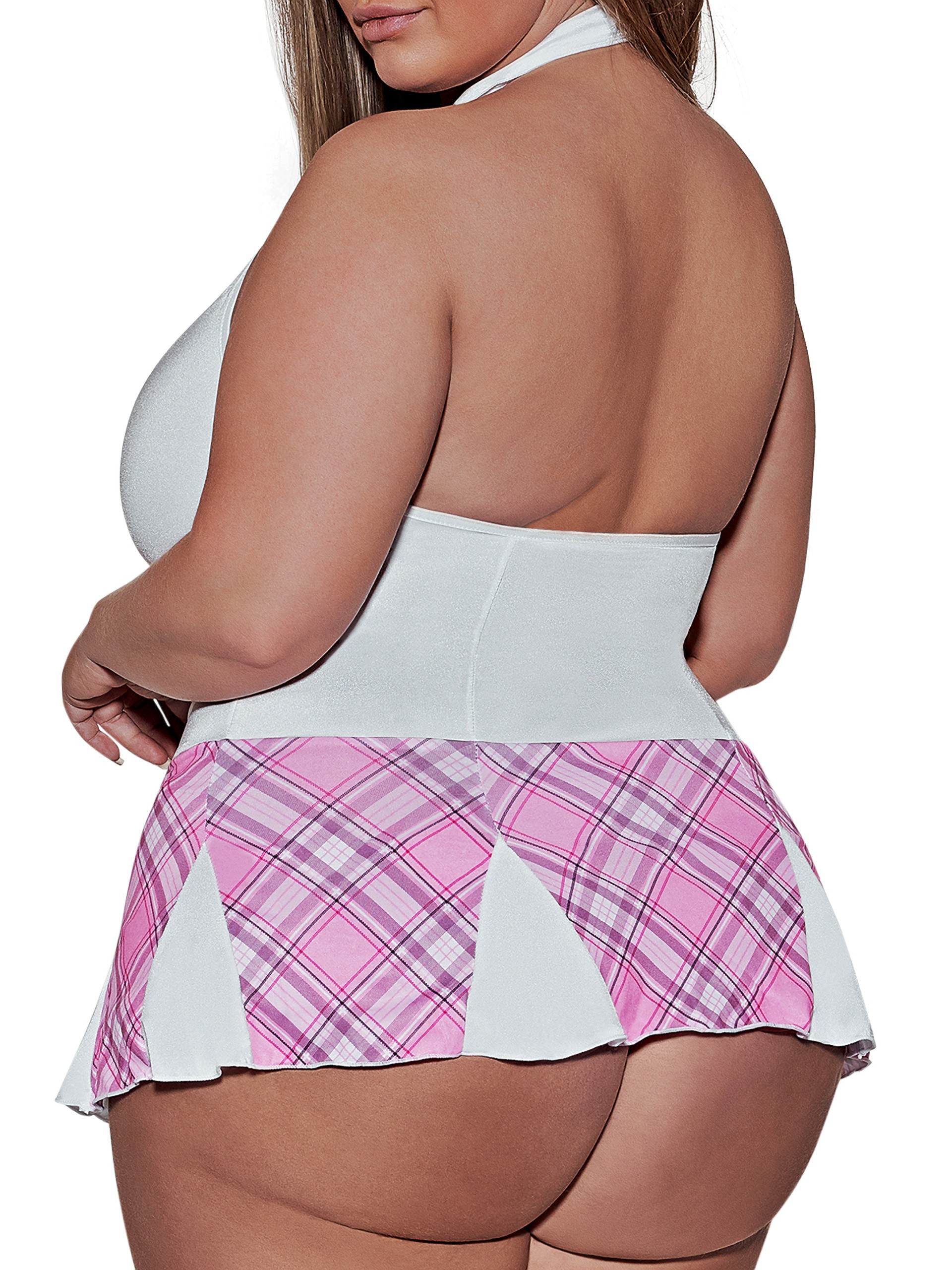 Exposed Plus Size Zip Front Pink and White Tartan Dress , Pink, hi-res