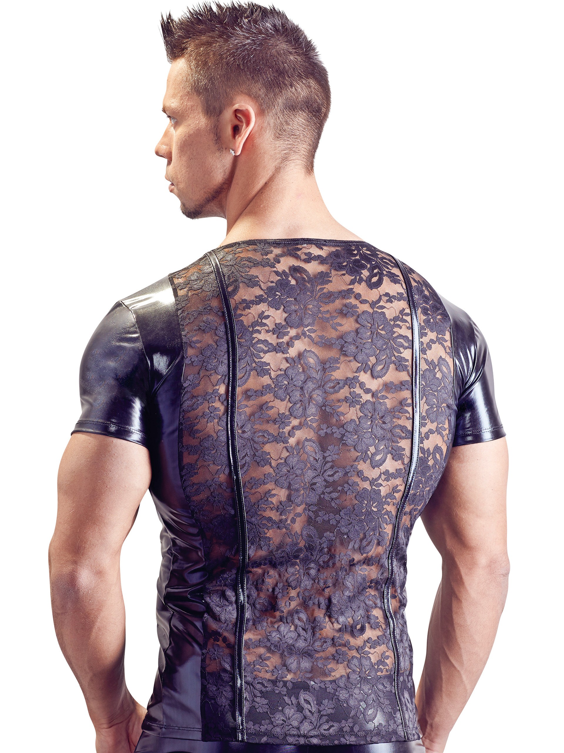 Svenjoyment Men's Black Wet Look and Lace Shirt, Black, hi-res