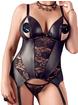 Cottelli Plus Size Wet Look and Lace Peek-a-Boo Merry Widow Bustier Set, Black, hi-res