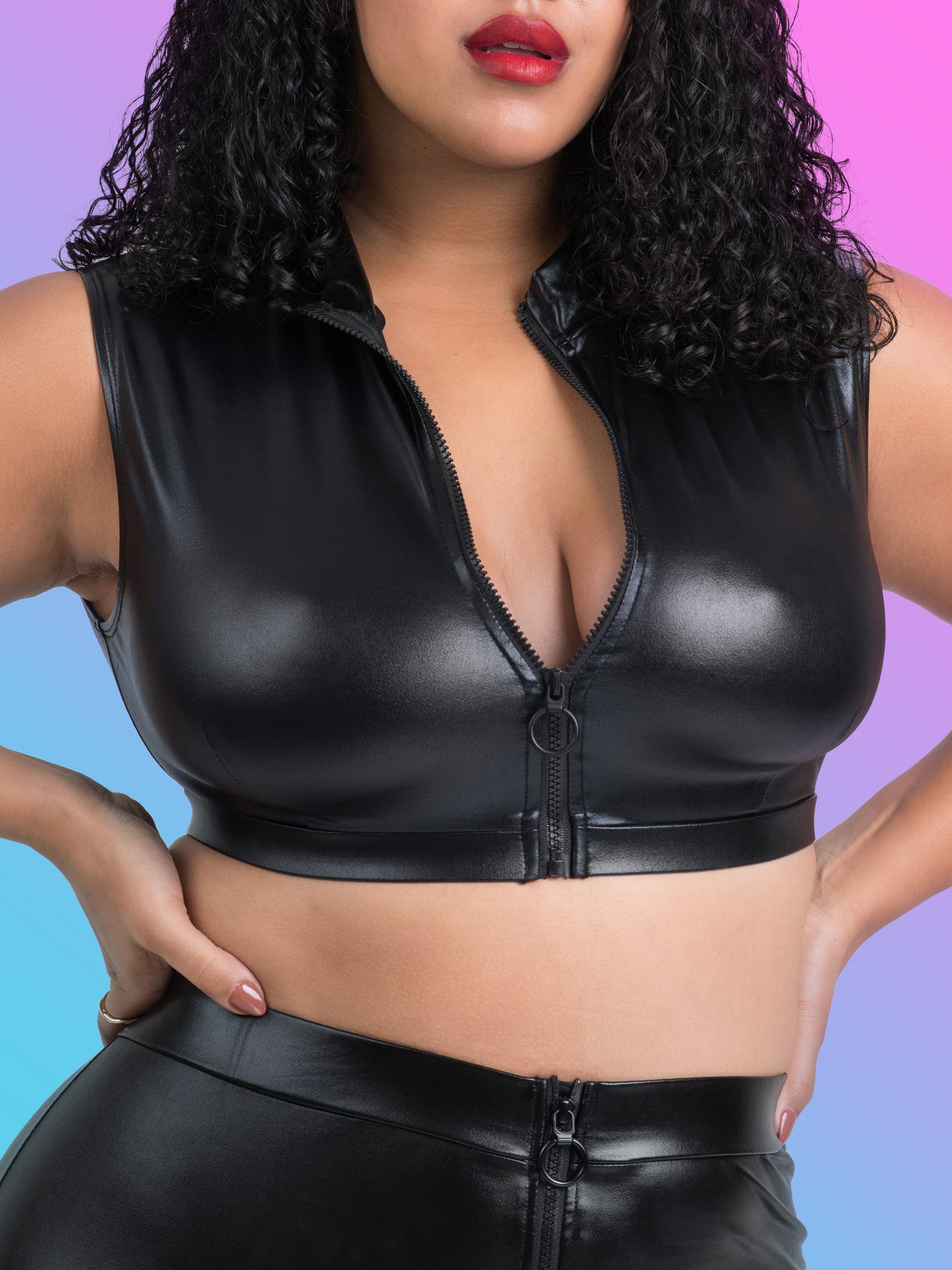 Lovehoney Fierce Black Wet Look Zip-Up Crop Top, Black, hi-res