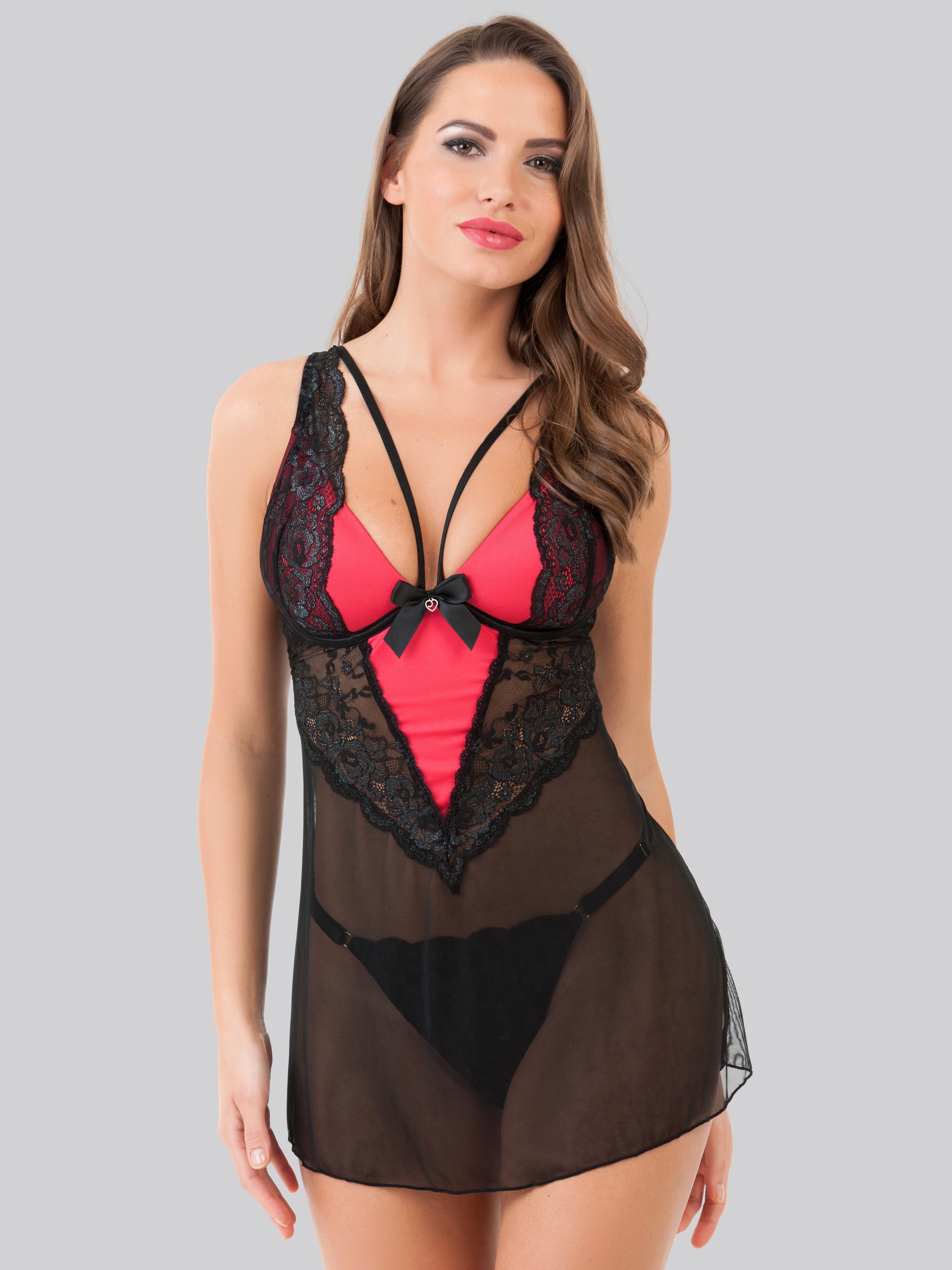 Lovehoney Enchanted Red and Black Lace Babydoll Set , Red, hi-res
