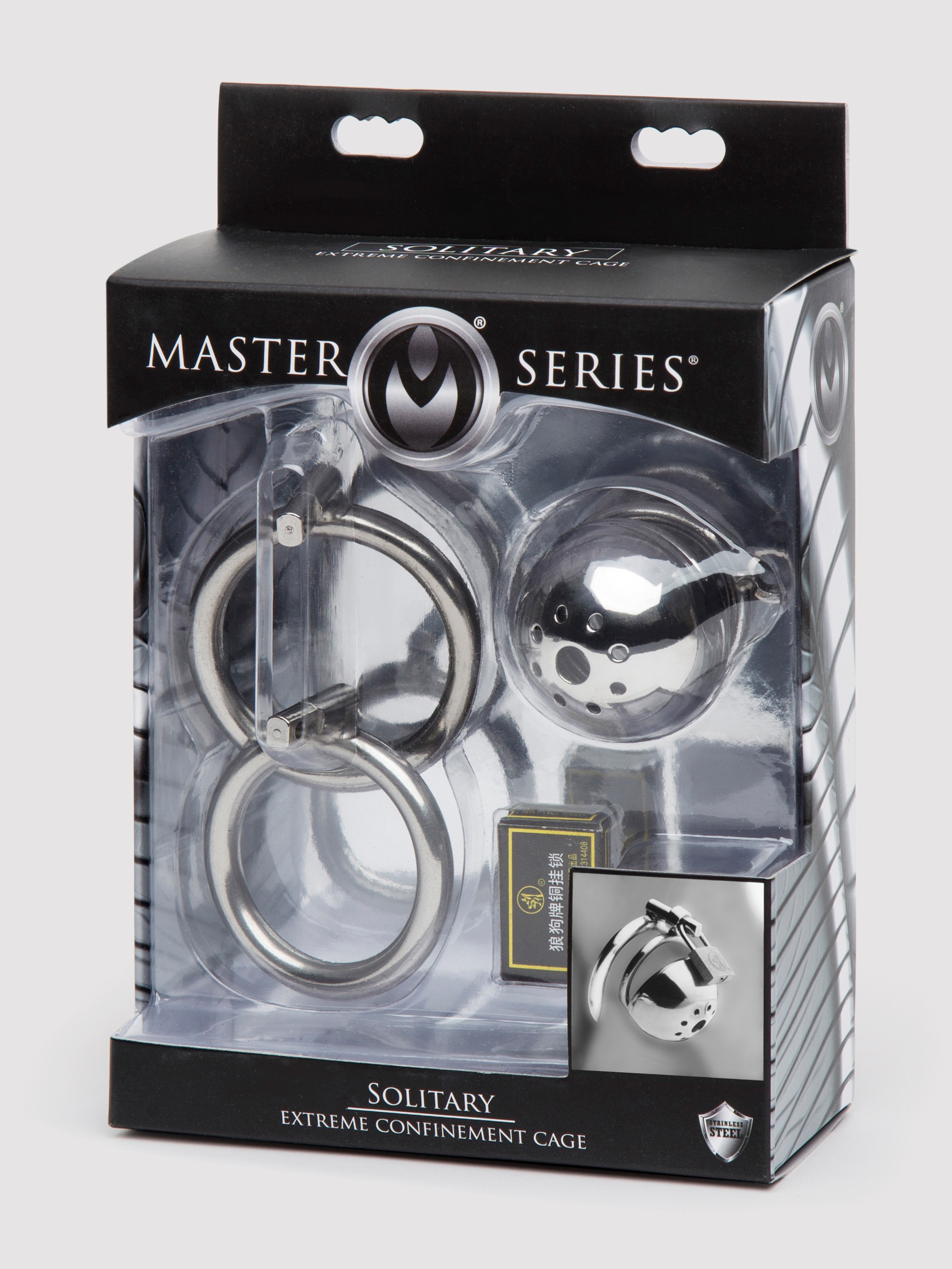Master Series Solitary Stainless Steel Locking Chastity Cage, Silver, hi-res
