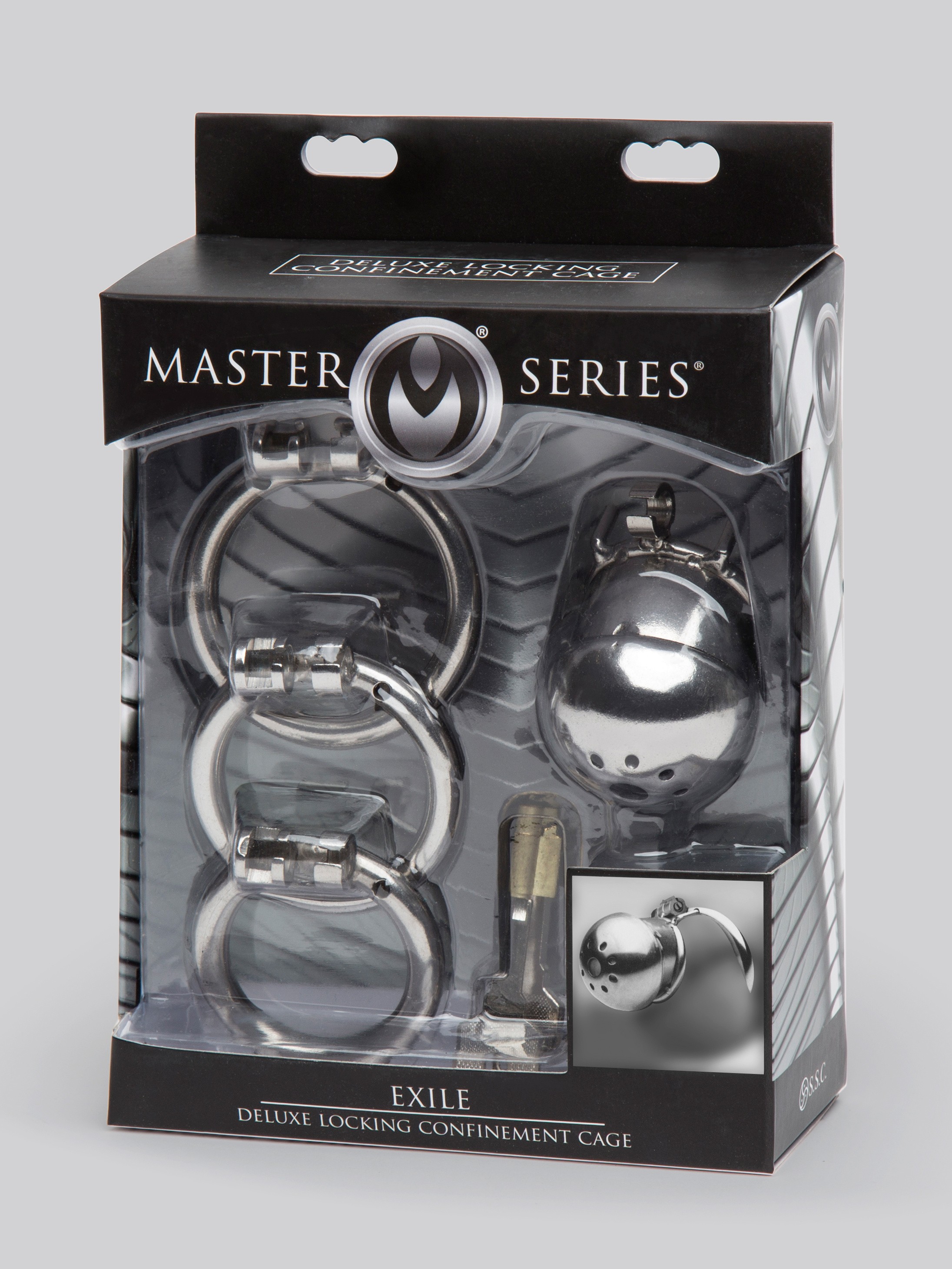 Master Series Exile Stainless Steel Locking Chastity Cage, Silver, hi-res