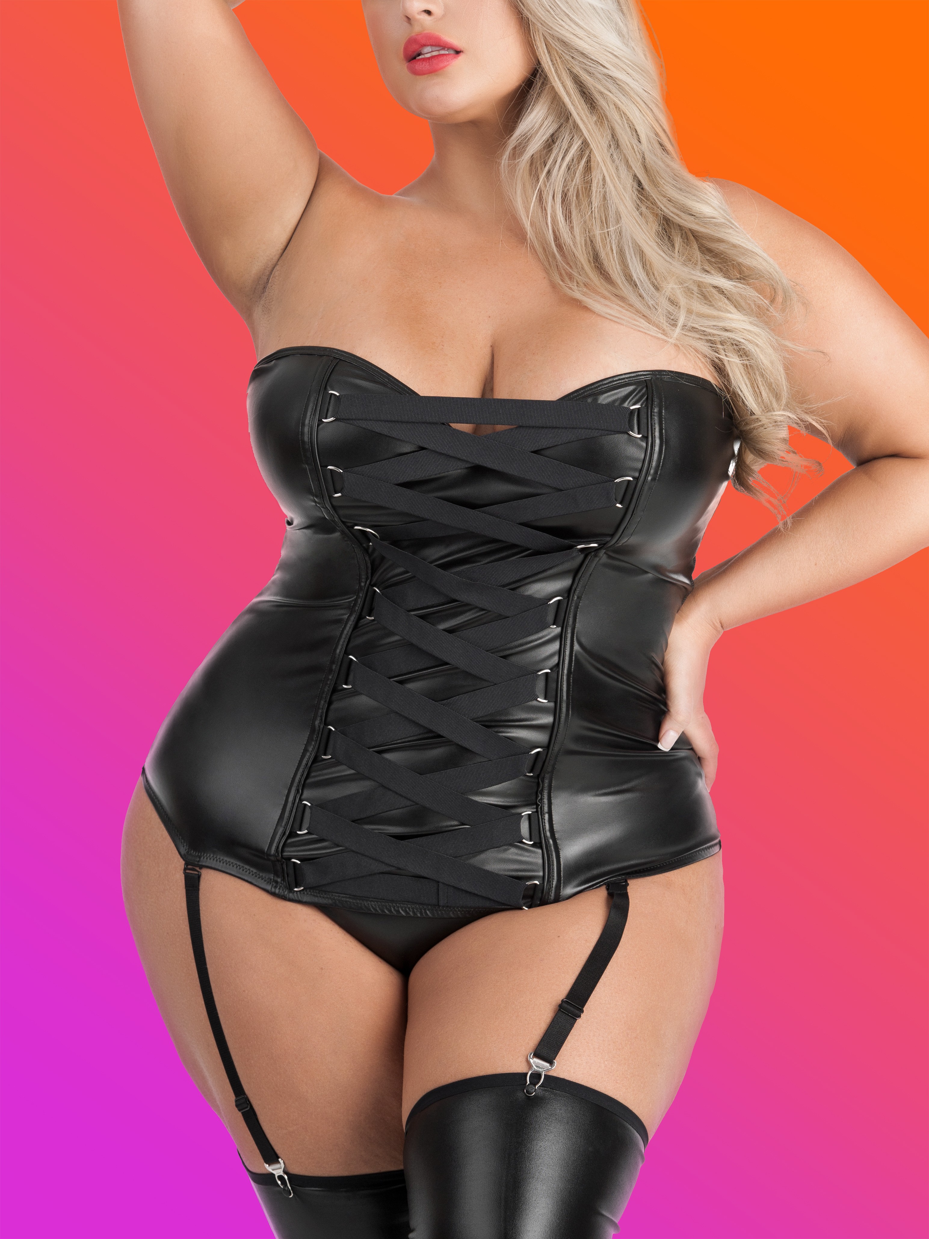 Lovehoney Fierce Leather-Look Basque Set, Black, hi-res
