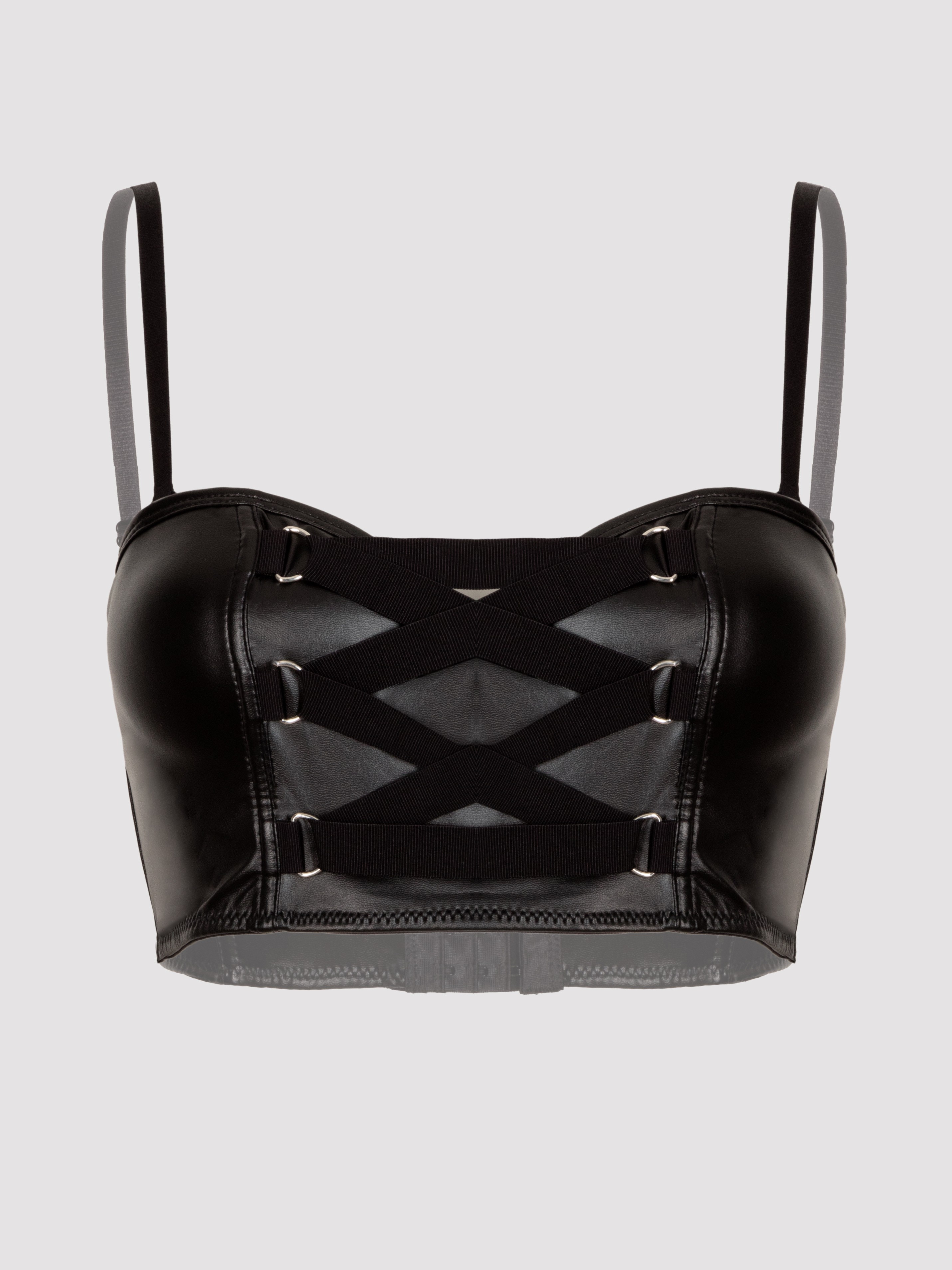 Lovehoney Fierce Leather-Look Longline Bra, Black, hi-res