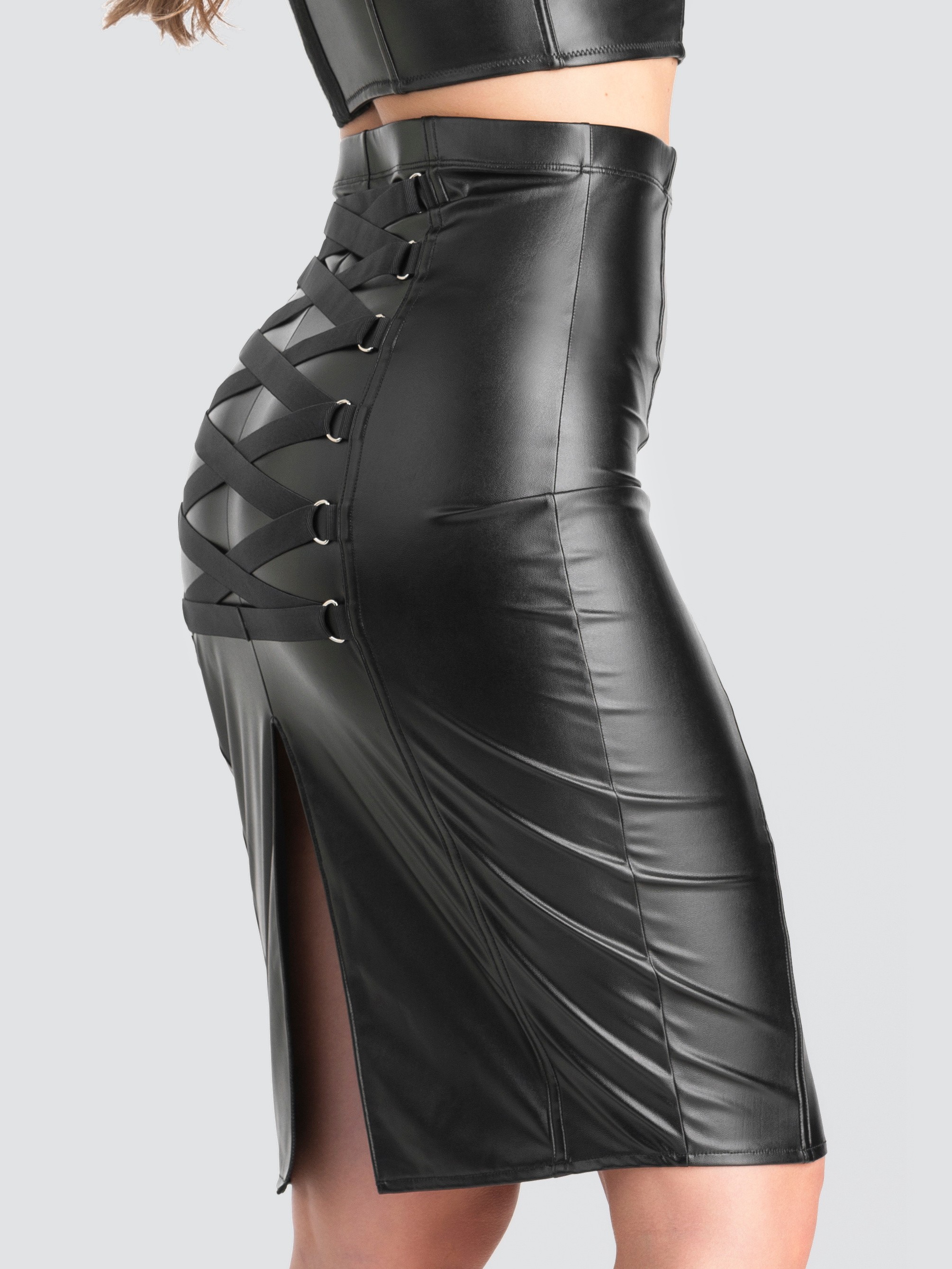 Lovehoney Fierce Black Leather-Look Skirt, Black, hi-res