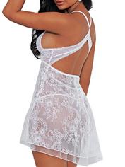 Escante White Lace and Mesh Layered Babydoll Set, White, hi-res