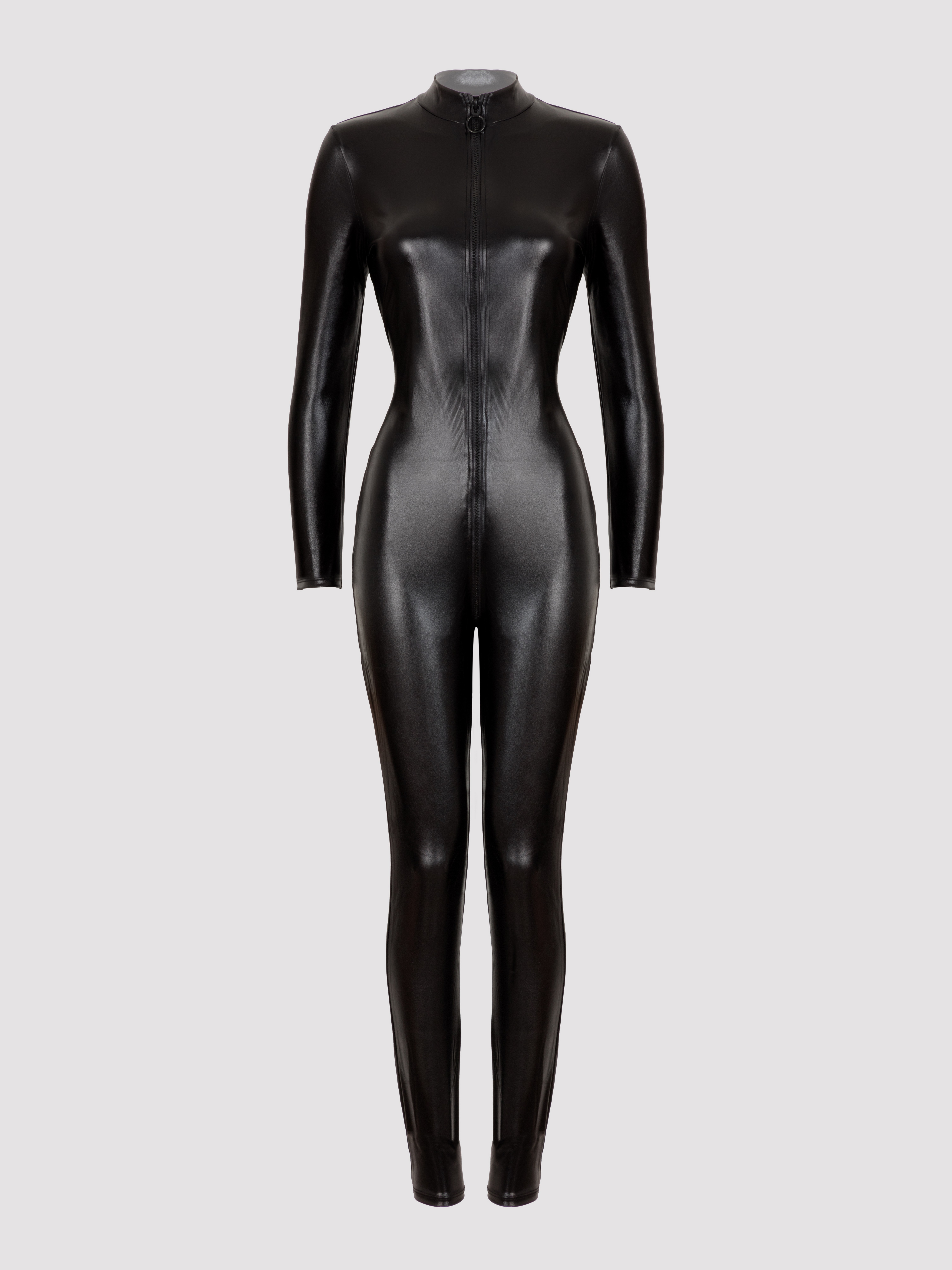 Lovehoney Fierce Wet Look Zip-Around Catsuit, Black, vanilla