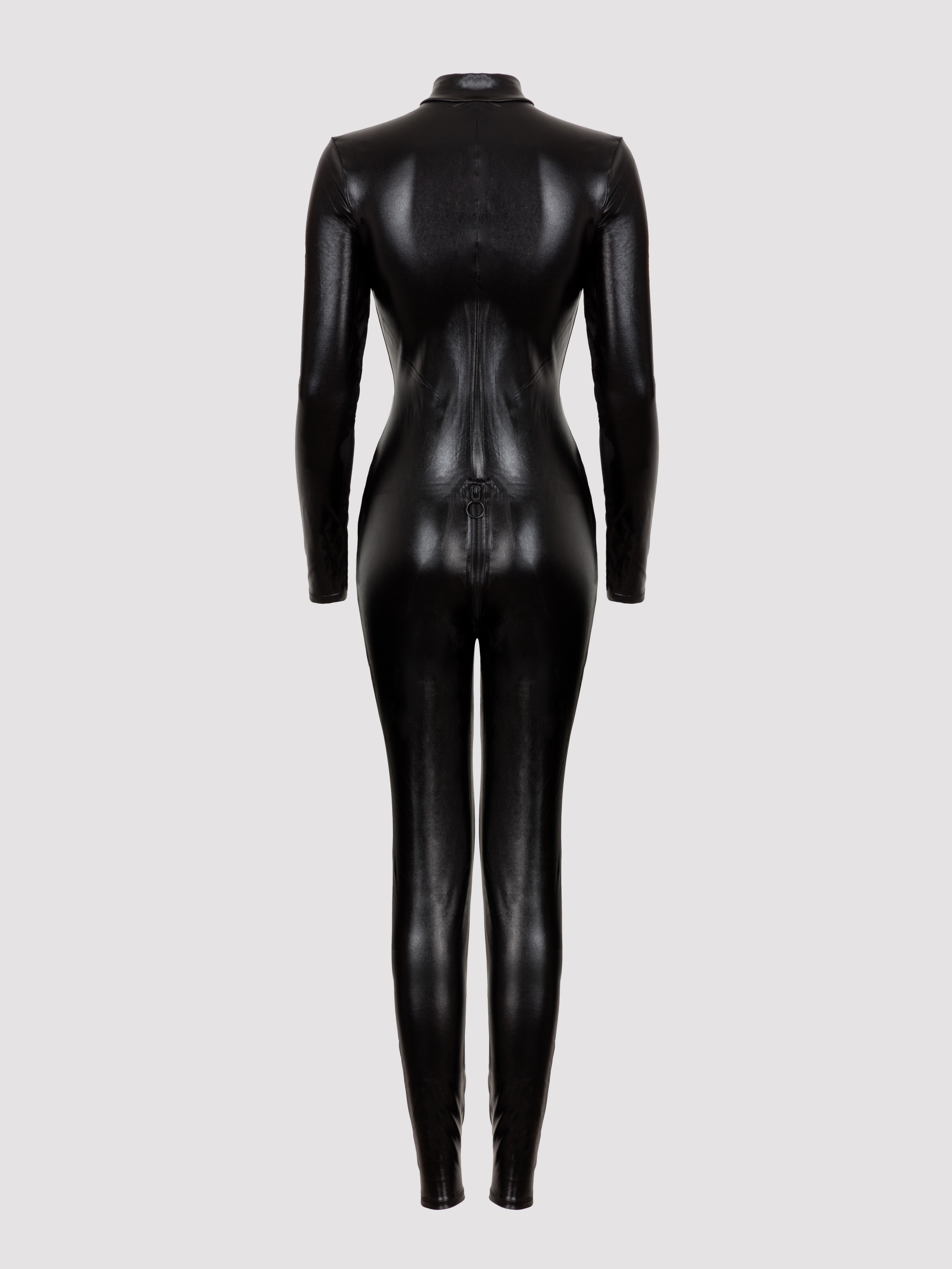 Lovehoney Fierce Wet Look Zip-Around Catsuit, Black, vanilla