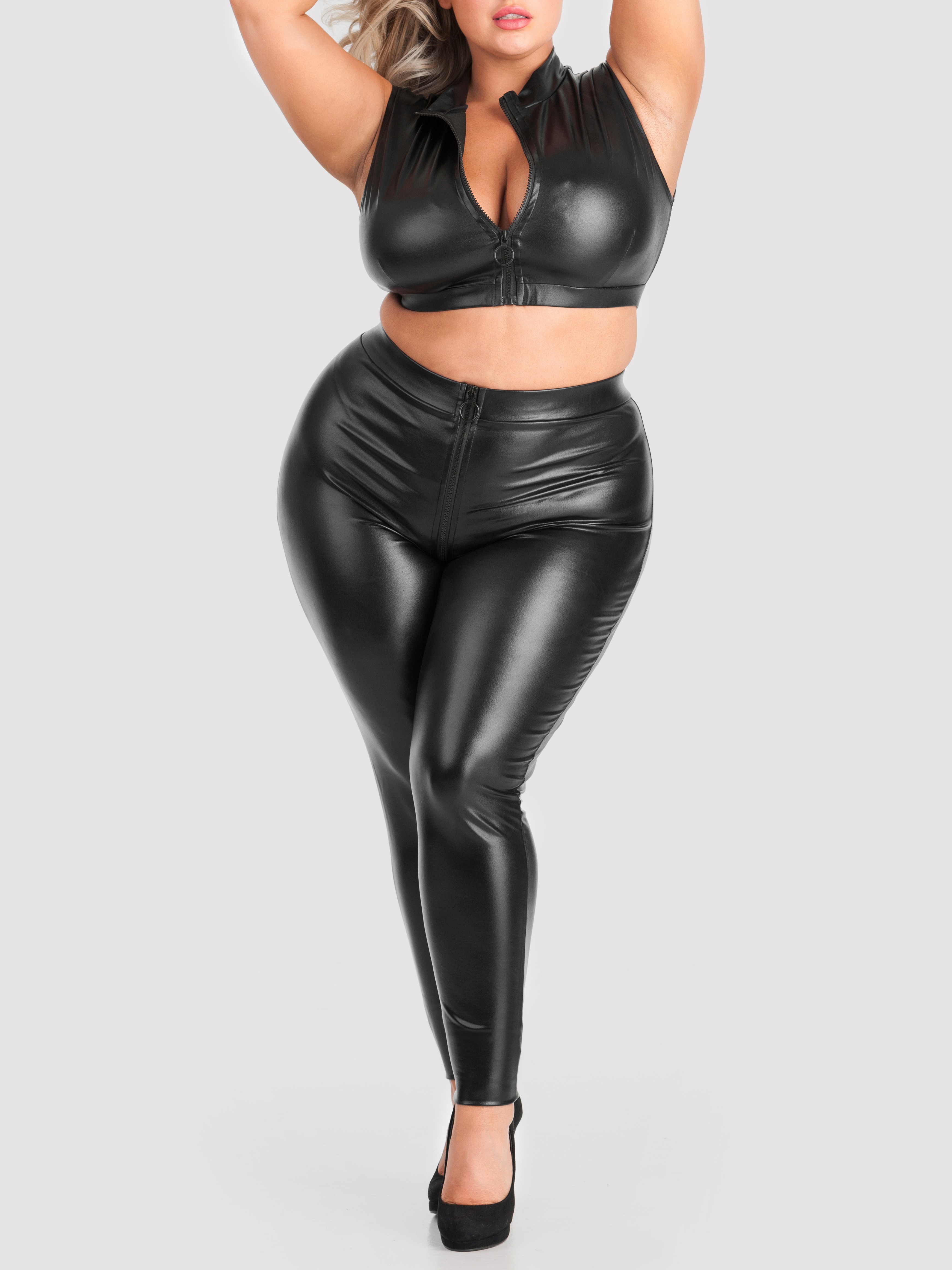 Lovehoney Fierce Wet Look Zip-Around Leggings, Black, hi-res