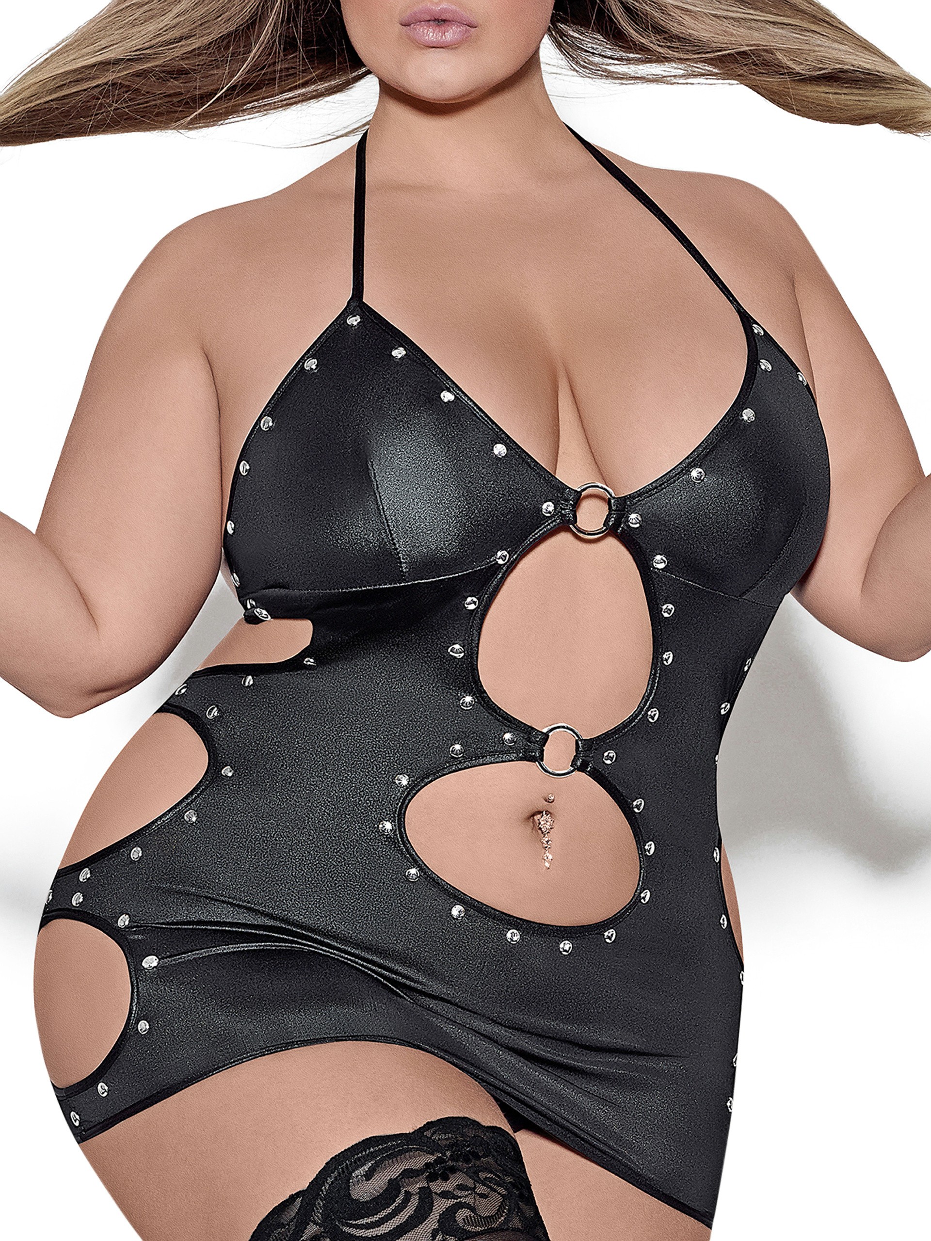 Exposed Lust Selene Fetish Wet Look Dress and G-String, Black, hi-res