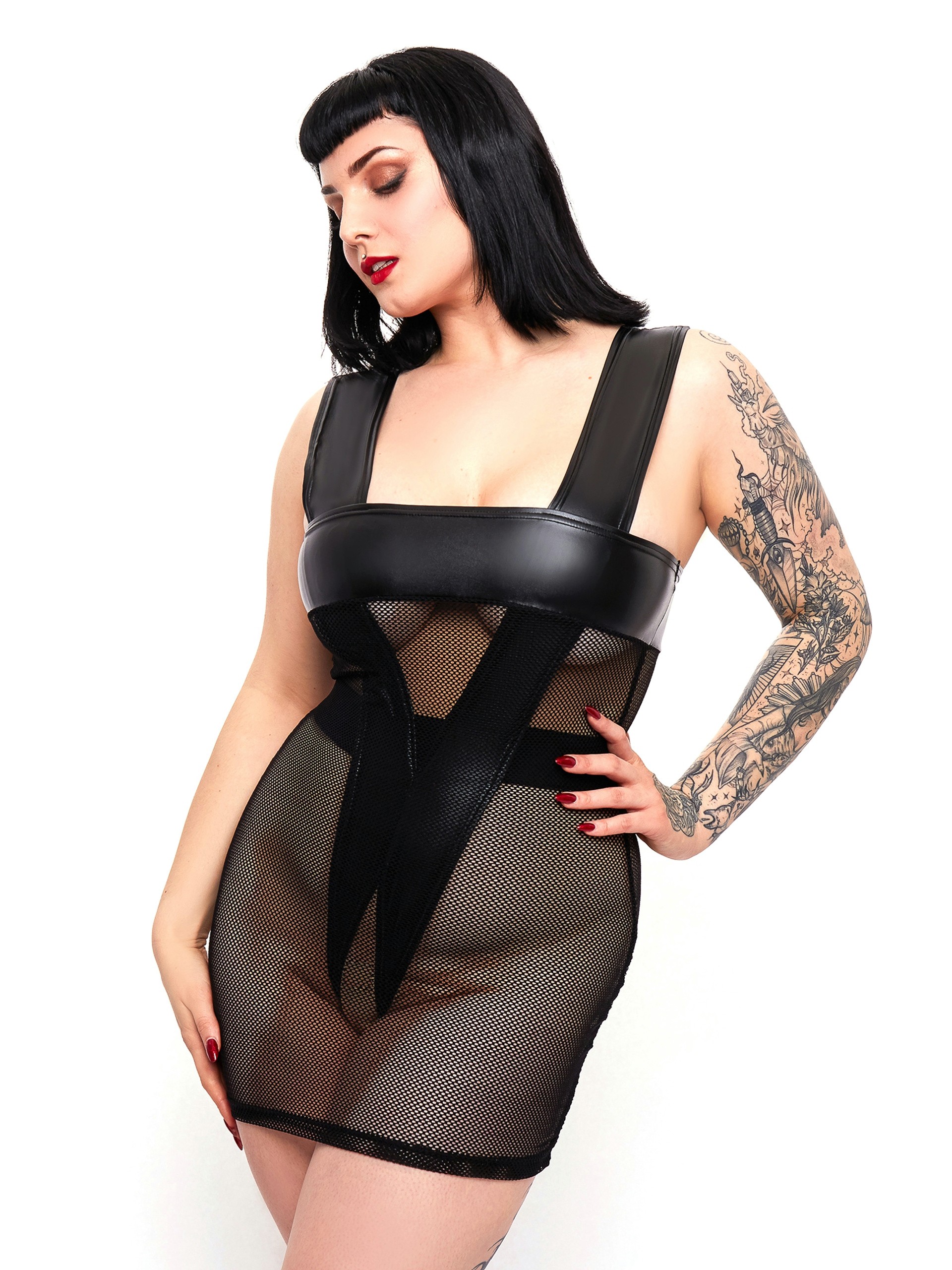 Brand X Rock Chick Fishnet and Wet Look Dress , Black, hi-res