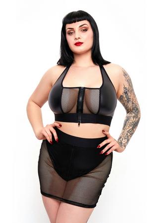 Brand X Plus Size Grand Finale Wet Look and Fishnet Bra and Skirt Set