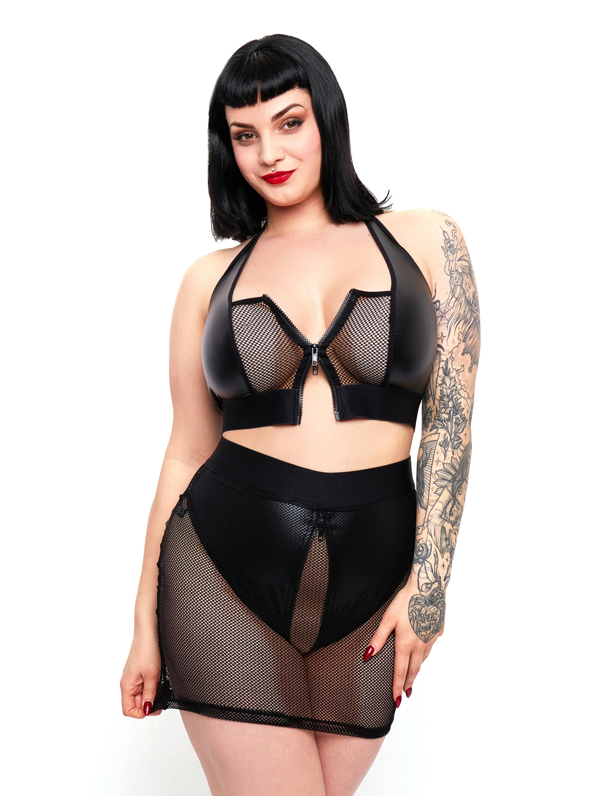 Brand X Grand Finale Wet Look and Fishnet Bra and Skirt Set, Black, hi-res