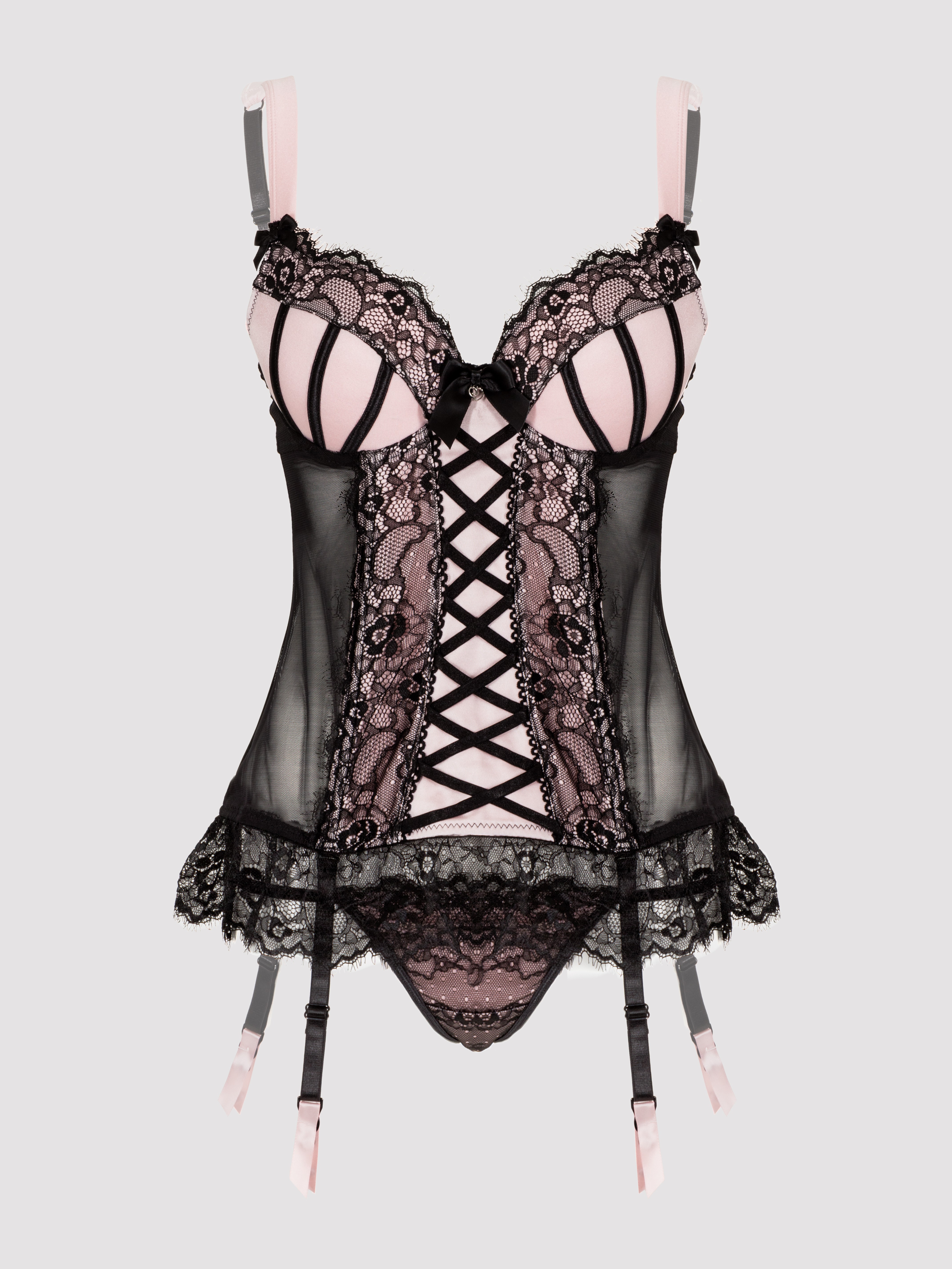Lovehoney Boudoir Belle Cherry Push-Up Basque Set, Pink, hi-res